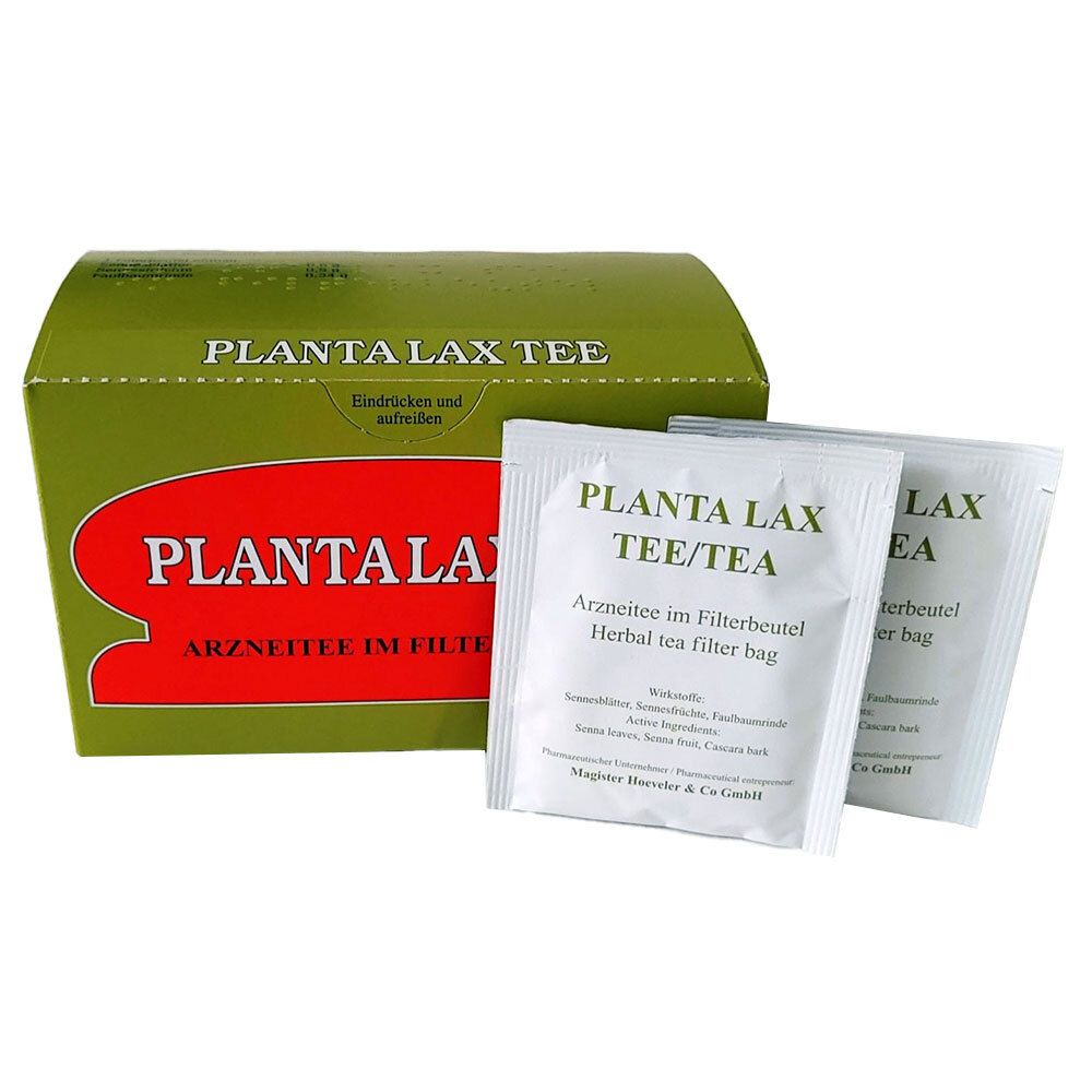 Grüne Schachtel und zwei Teebeutel. Aufschrift: PLANTALAX TEE/TEA, Arzneimittel im Filterbeutel.