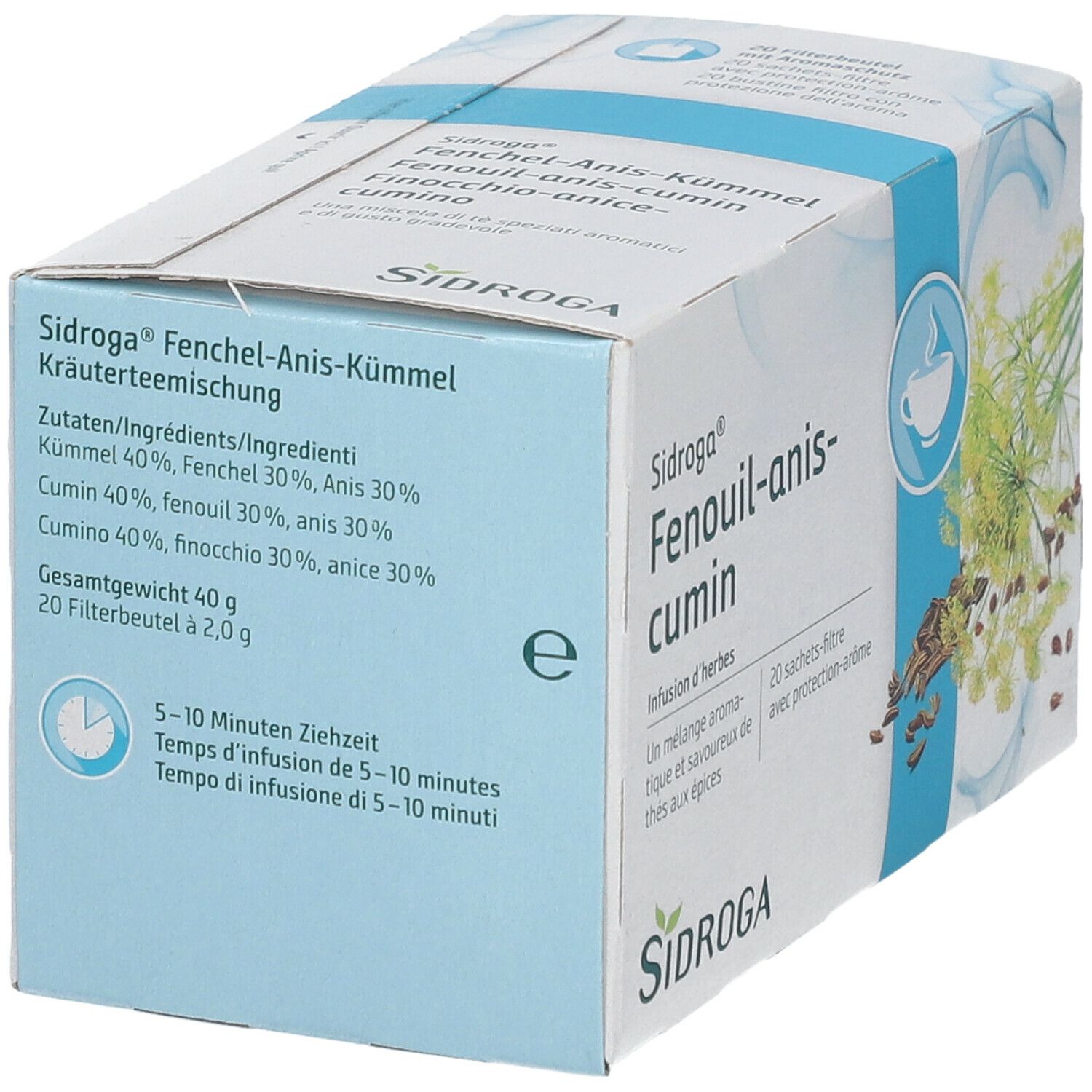 Sidroga® Fenchel-Anis-Kümmel. Kräuterteemischung in einer Schachtel. Enthält 20 Filterbeutel. Zutatenliste und Zubereitungshinweise.