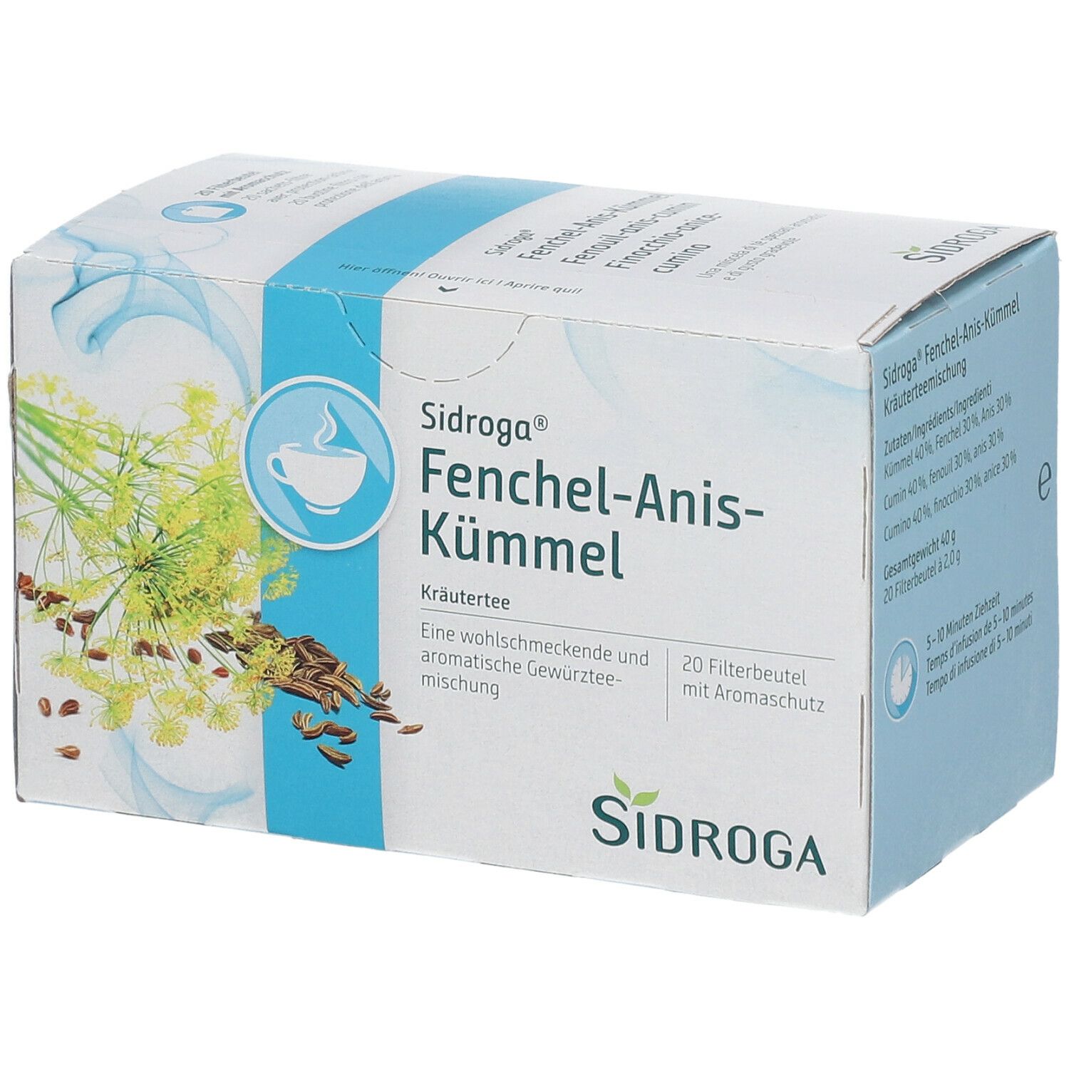 Sidroga® Fenchel-Anis-Kümmel. Kräutertee-Packung mit 20 Filterbeuteln. Weiße Schachtel mit blauem Streifen und Produktinformationen.