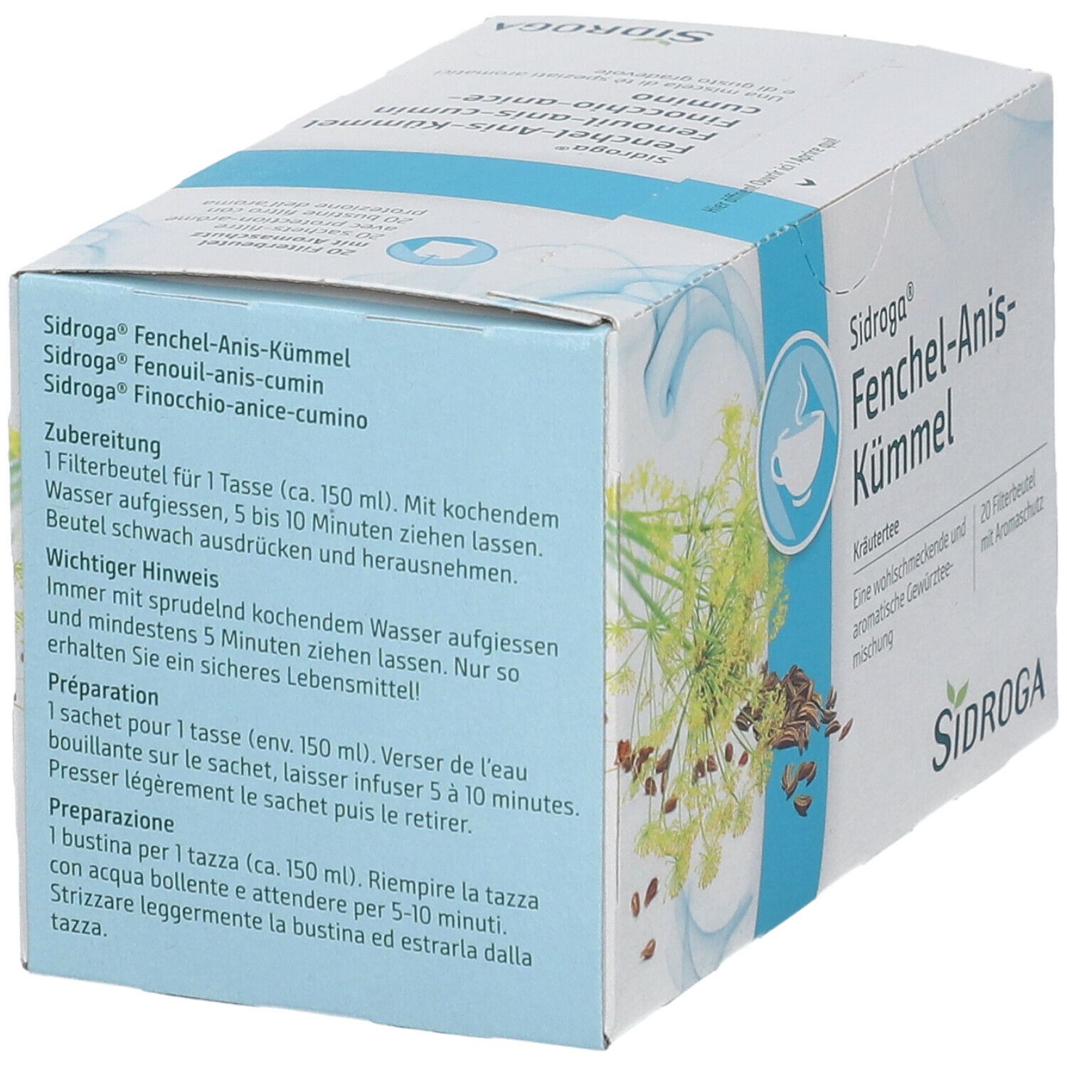Sidroga® Fenchel-Anis-Kümmel. Kräutertee-Packung mit Zubereitungshinweisen. Weiße Schachtel mit blauem Streifen und Produktabbildung.