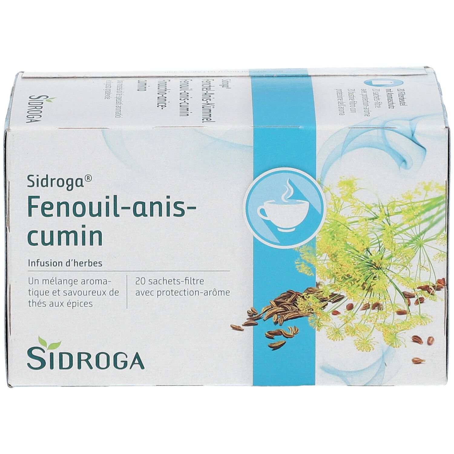Sidroga® Fenchel-Anis-Kümmel. Kräutertee-Packung mit 20 Filterbeuteln. Weiße Schachtel mit blauem Streifen und Produktabbildung.
