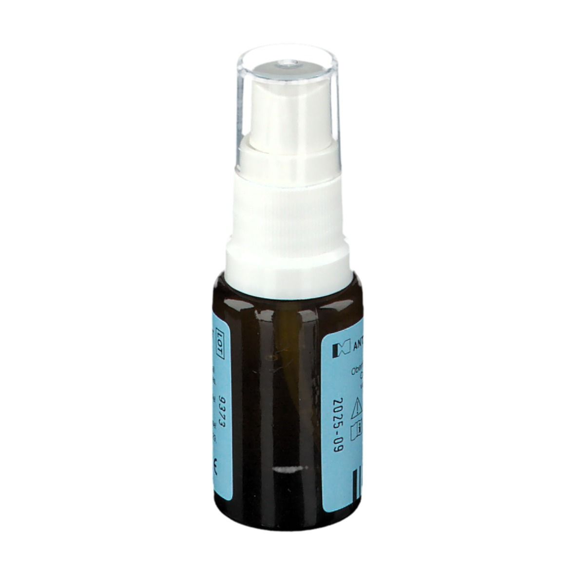 Braune Sprühflasche mit weißem Sprühkopf. Blaues Etikett mit Text und Verfallsdatum 2025-09. CE-Zeichen.