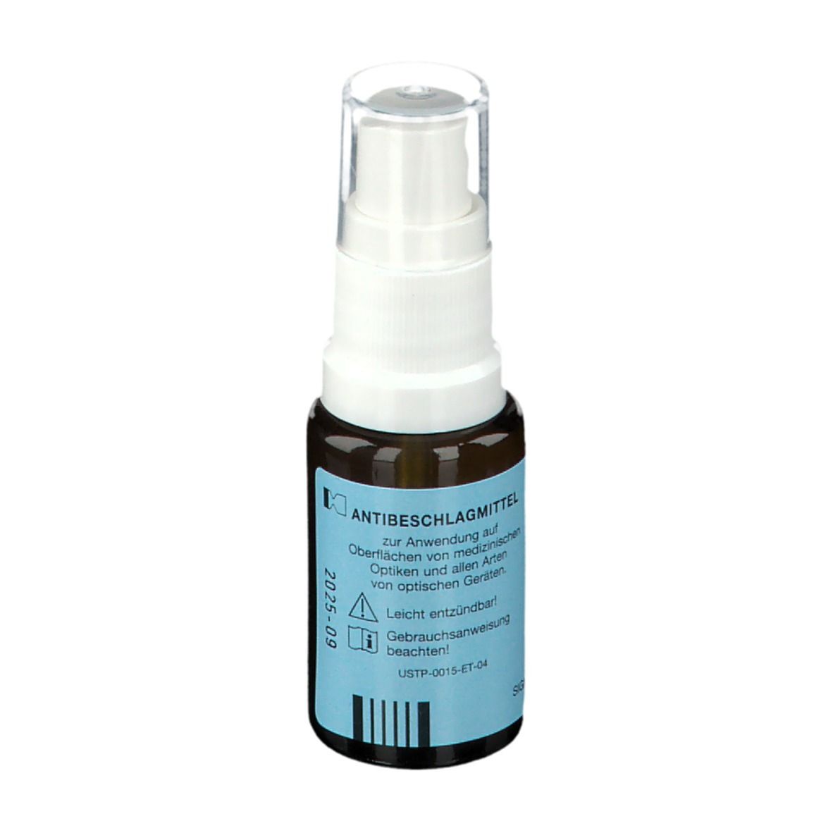 Braune Sprühflasche mit weißem Sprühkopf. Blaues Etikett mit Text: ANTIBESCHLAGMITTEL. CE-Zeichen.