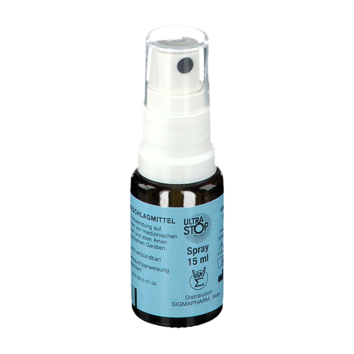 Braune Sprühflasche mit weißem Sprühkopf. Blaues Etikett mit Text: ULTRASTOP Spray 15 ml. Verteilung: SIGMAPHARM, Wien.