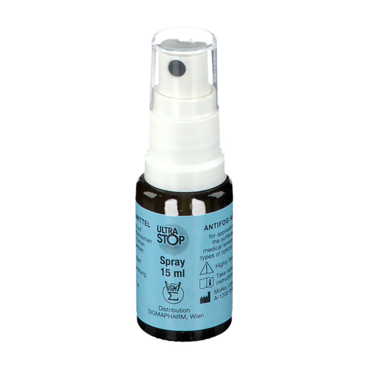 Braune Sprühflasche mit weißem Sprühkopf. Blaues Etikett mit Text: ULTRASTOP Spray 15 ml. Verteilung: SIGMAPHARM, Wien.