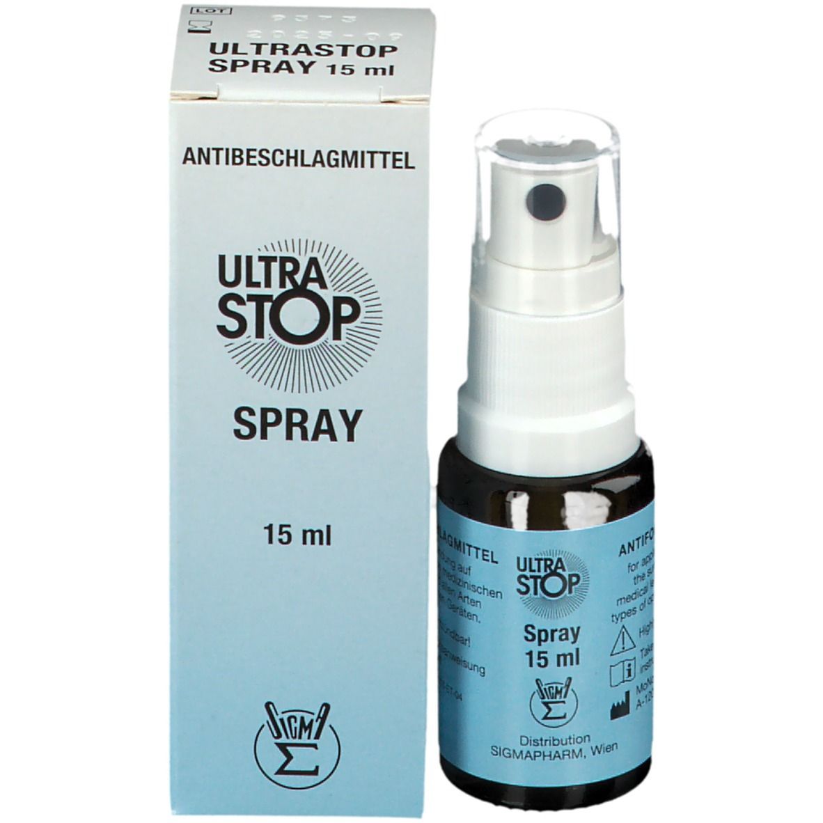 Produktverpackung und Sprühflasche. Verpackung: ULTRASTOP SPRAY 15 ml. Flasche: ULTRASTOP Spray 15 ml.