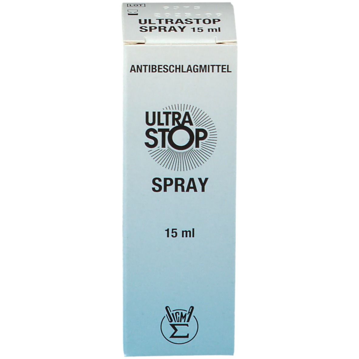Produktverpackung: ULTRASTOP SPRAY 15 ml. Text: ANTIBESCHLAGMITTEL. Logo.