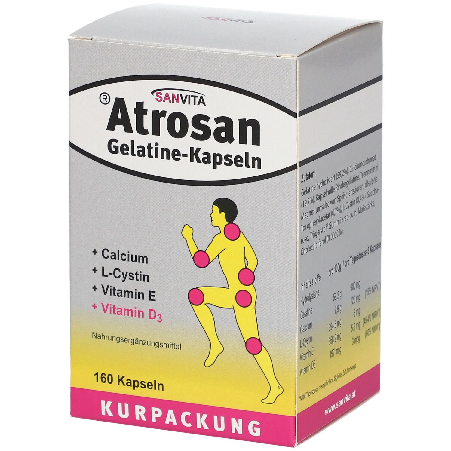 Schachtel mit SANVITA® Atrosan Gelatine-Kapseln. Aufschrift: Calcium, L-Cystin, Vitamin E, Vitamin D3. 160 Kapseln.