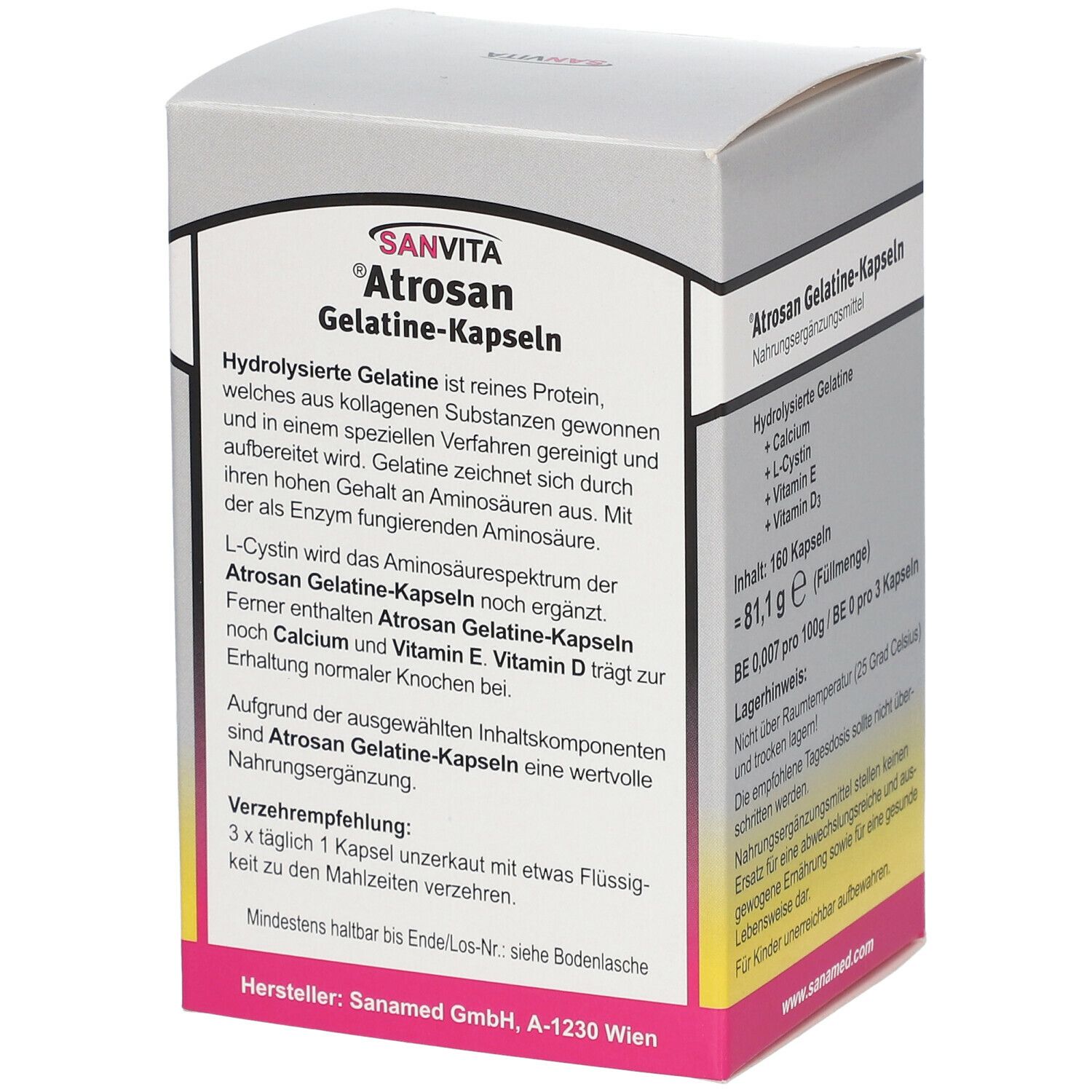 Rückseite der Schachtel SANVITA® Atrosan Gelatine-Kapseln. Text über Inhaltsstoffe und Verzehrempfehlung. Hersteller: Sanamed GmbH.