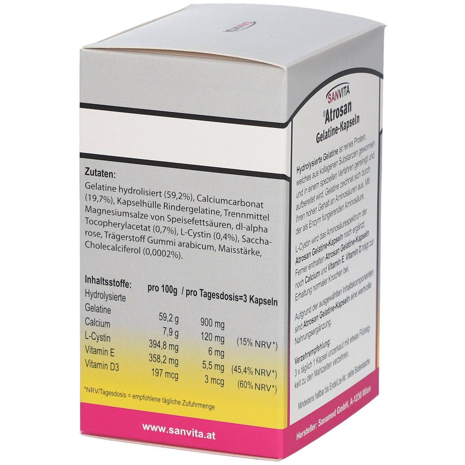 Seite der Schachtel SANVITA® Atrosan Gelatine-Kapseln. Auflistung der Inhaltsstoffe und Nährwertangaben pro 3 Kapseln.