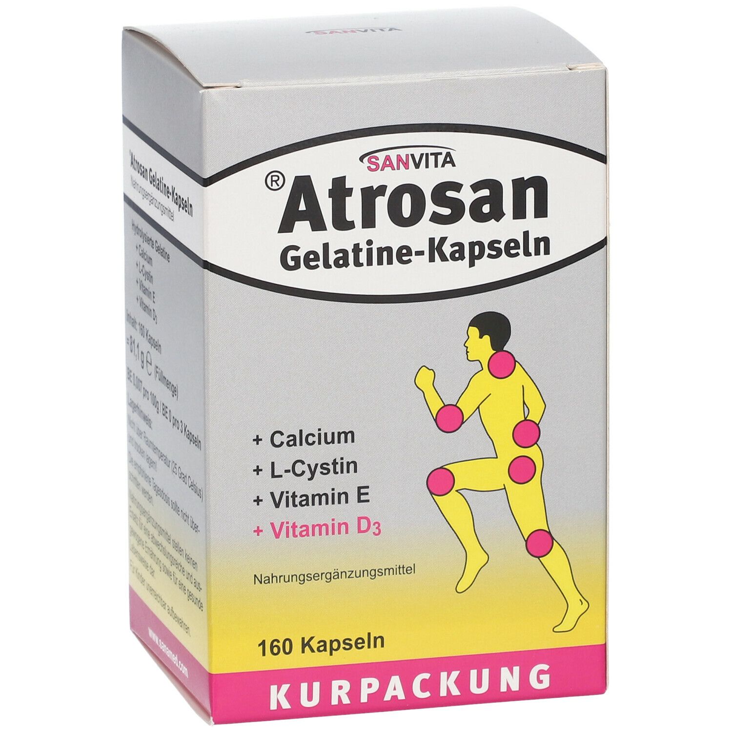 Schachtel SANVITA® Atrosan Gelatine-Kapseln. Aufschrift: Calcium, L-Cystin, Vitamin E, Vitamin D3. 160 Kapseln. Kurpackung.