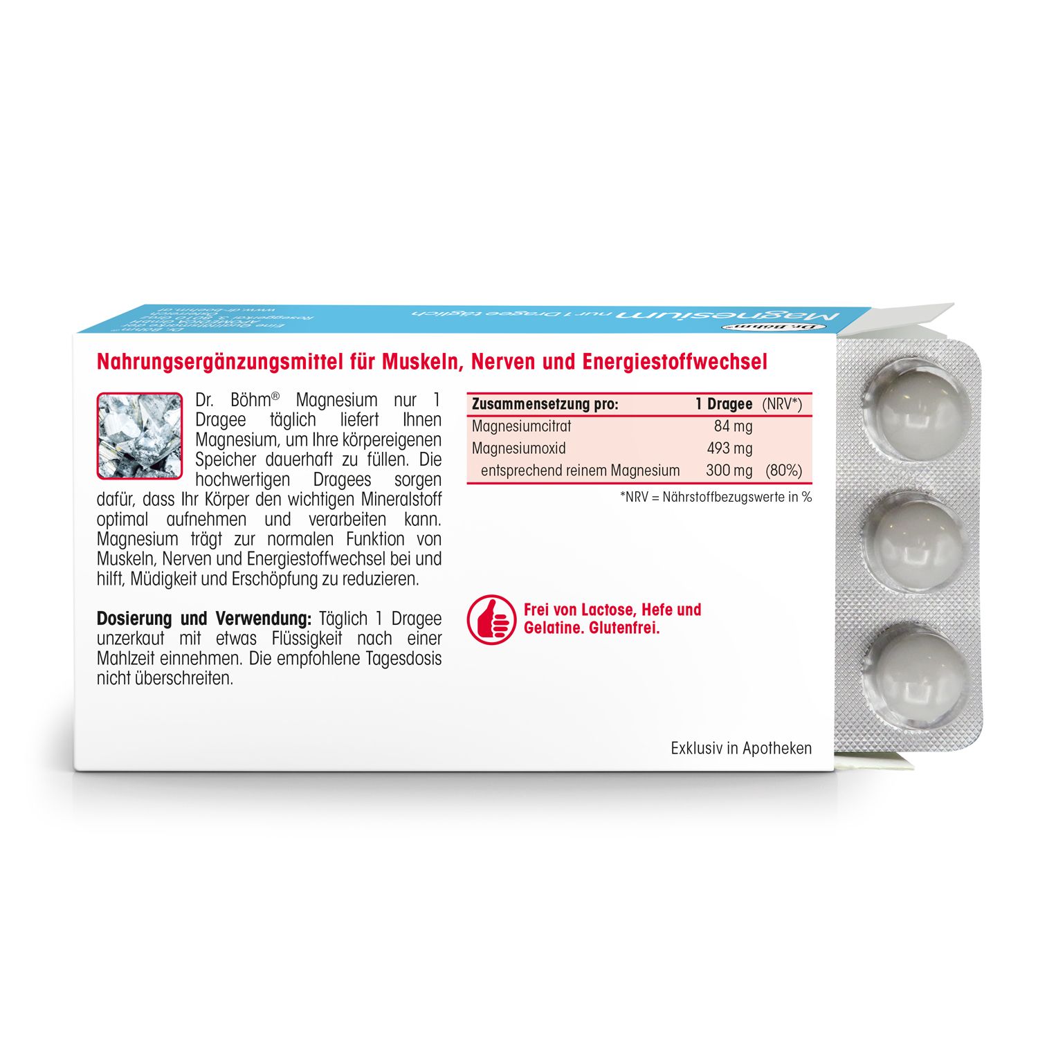 Rückseite der Dr. Böhm Magnesium Packung. Enthält Informationen zu Inhaltsstoffen und Dosierung.