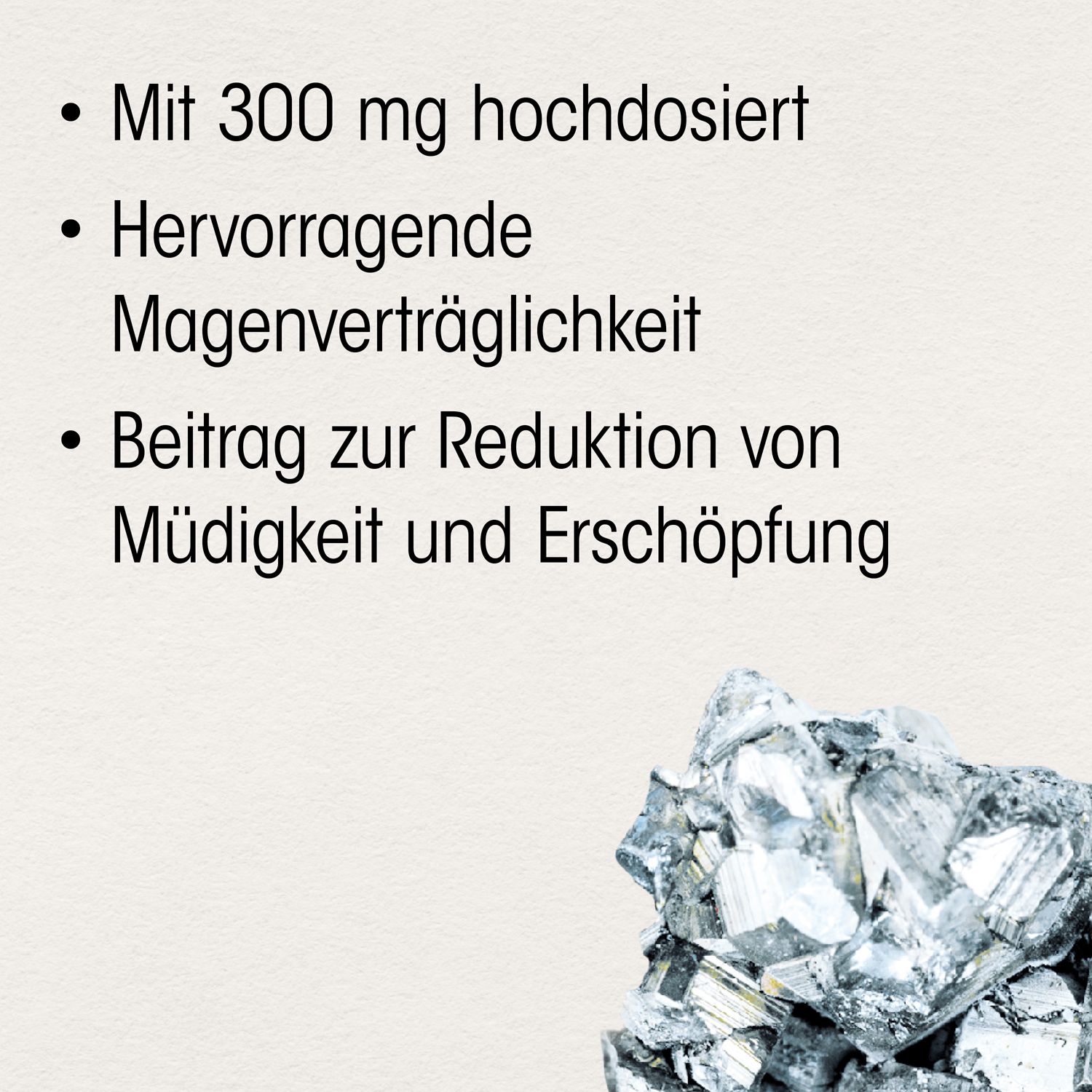 Text mit Vorteilen von Magnesium: 300 mg hochdosiert, Magenverträglichkeit, Reduktion von Müdigkeit.