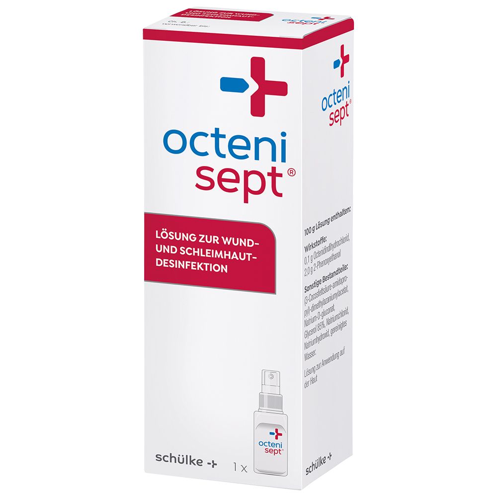 octenisept® Spray. Verpackung mit Produktabbildung. Rote Aufschrift: Lösung zur Wund- und Schleimhautdesinfektion.