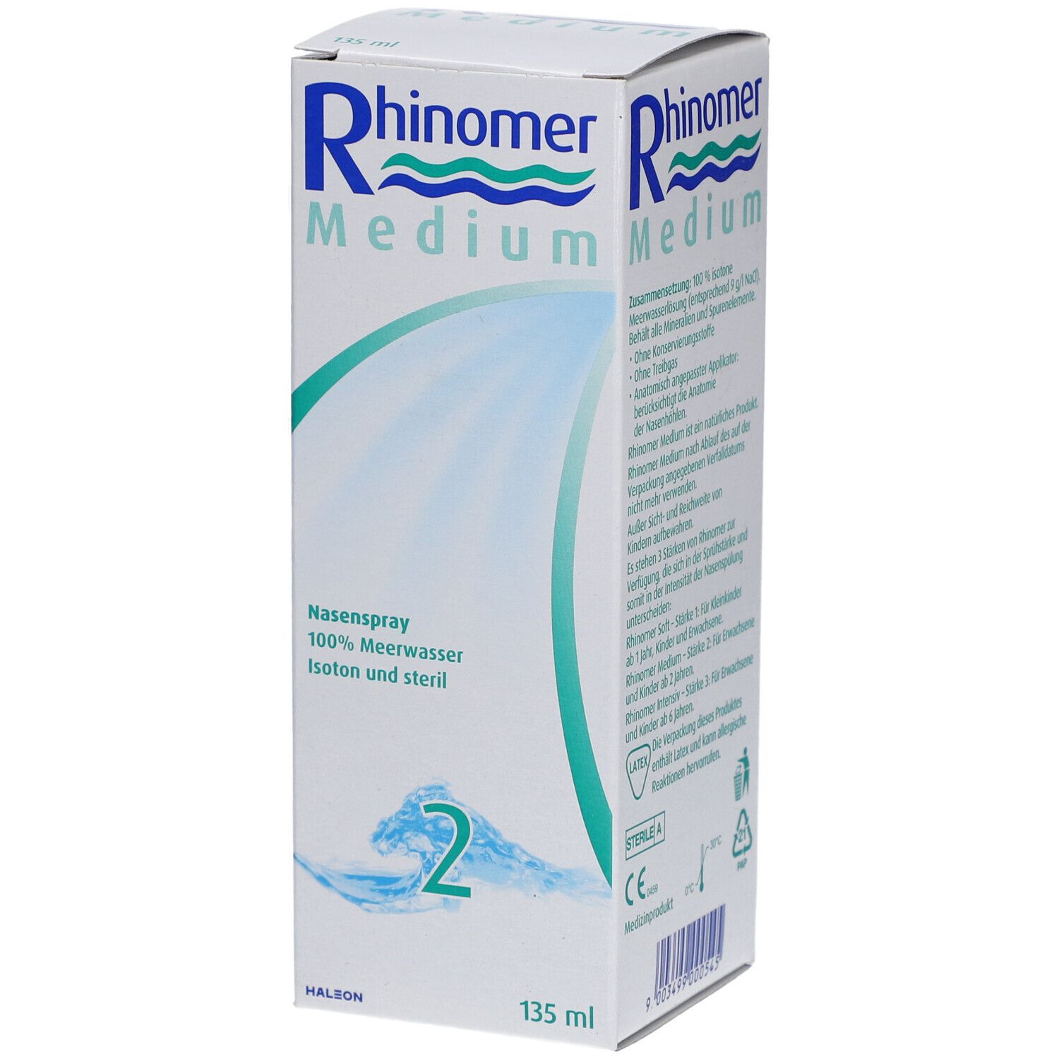 Weißer Karton mit Rhinomer Medium Nasenspray. Text: 100% Meerwasser, isoton und steril. Nummer 2.