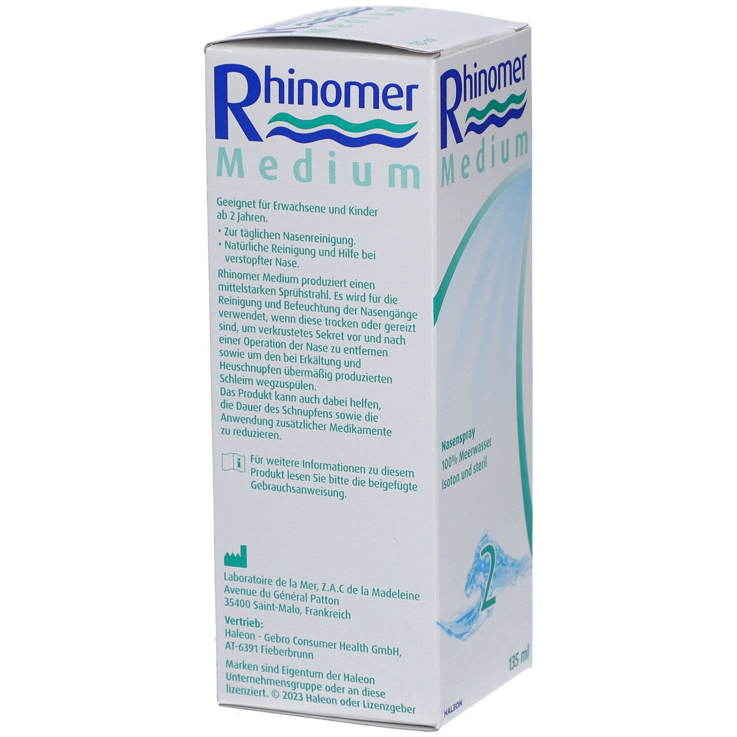 Weißer Karton Rhinomer Medium Nasenspray. Text: Für Erwachsene und Kinder ab 2 Jahren. Nummer 2. 135 ml.