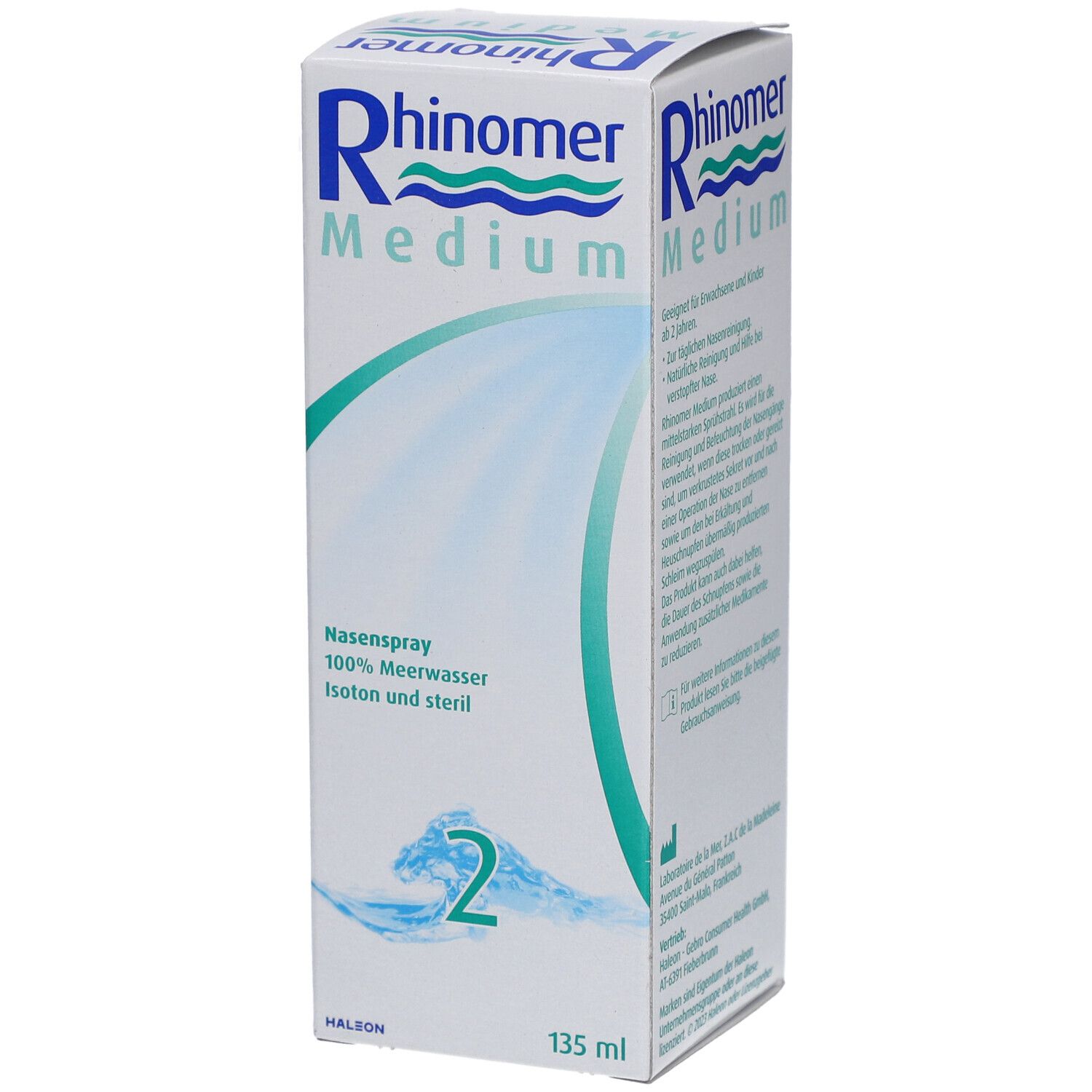 Weißer Karton Rhinomer Medium Nasenspray. Text: 100% Meerwasser, isoton und steril. Nummer 2. 135 ml.