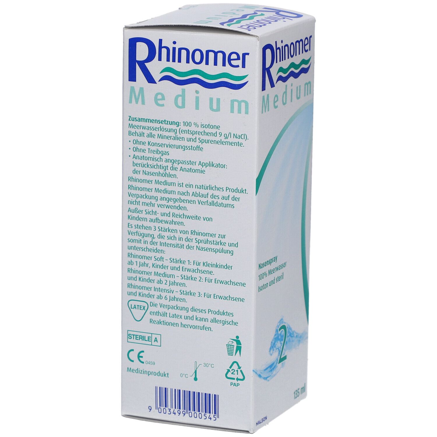 Weißer Karton Rhinomer Medium Nasenspray. Text: 100% isoton. Anatomischer Applikator. Nummer 2. 135 ml.