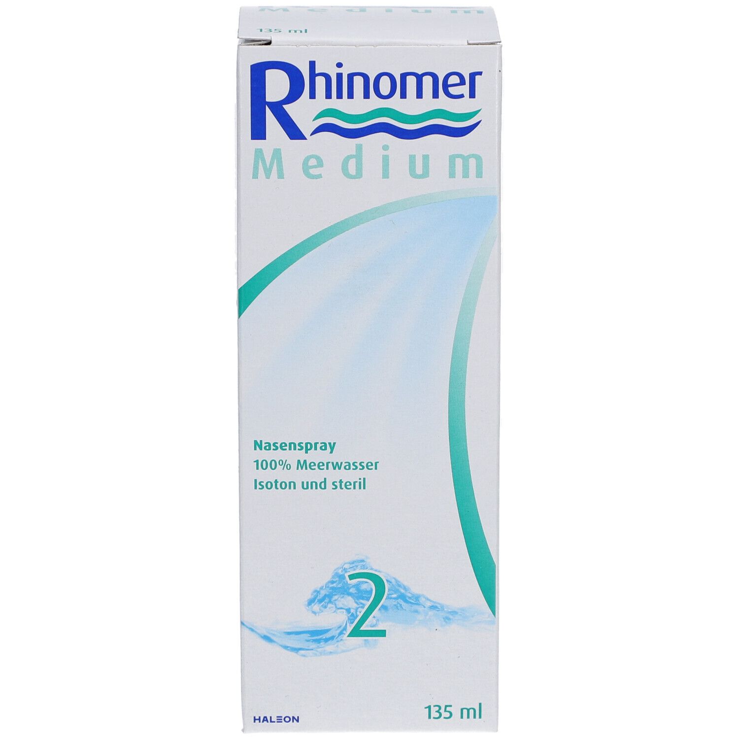 Weißer Karton Rhinomer Medium Nasenspray. Text: 100% Meerwasser, isoton und steril. Nummer 2. 135 ml.