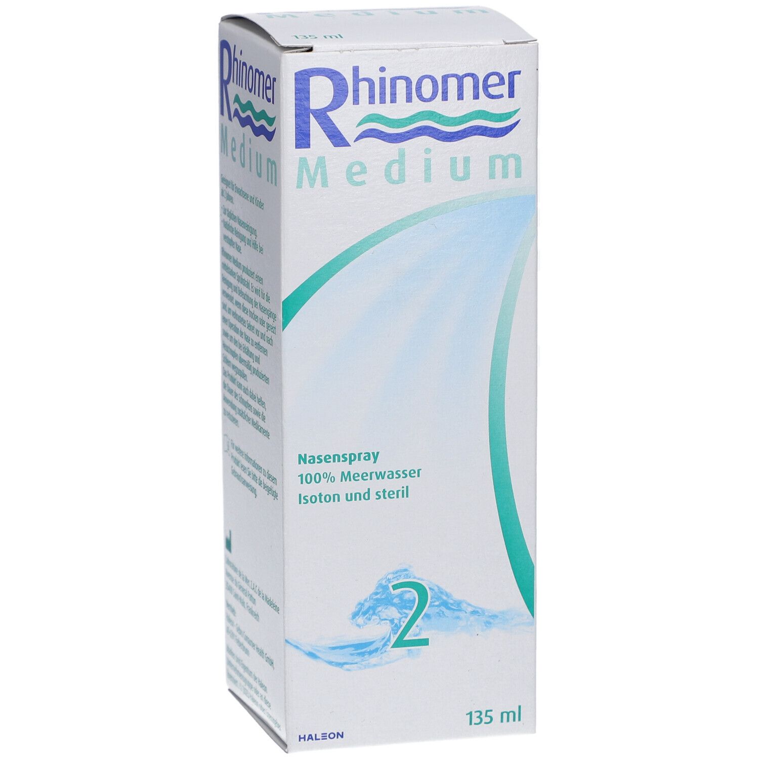Weißer Karton Rhinomer Medium Nasenspray. Text: 100% Meerwasser, isoton und steril. Nummer 2. 135 ml.