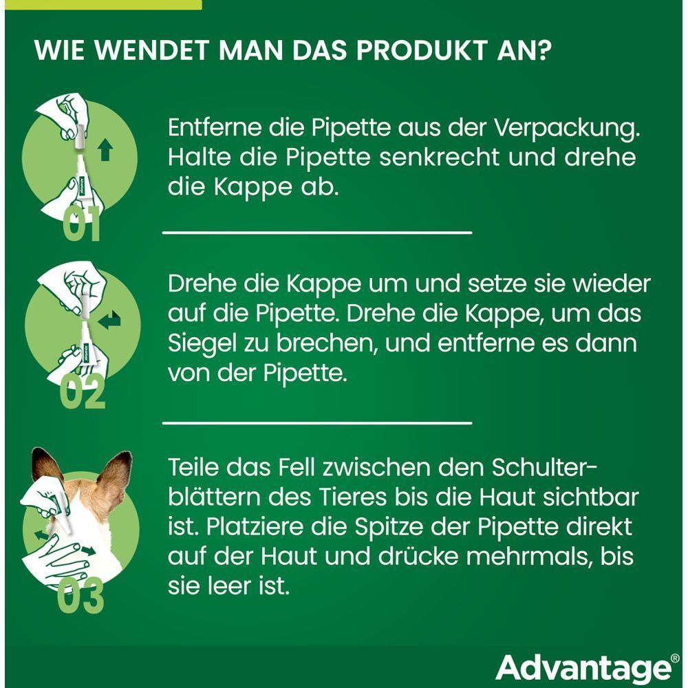 Anleitung zur Anwendung des Produkts. Schritte 1-3 mit Piktogrammen. Zeigt die Anwendung der Pipette.