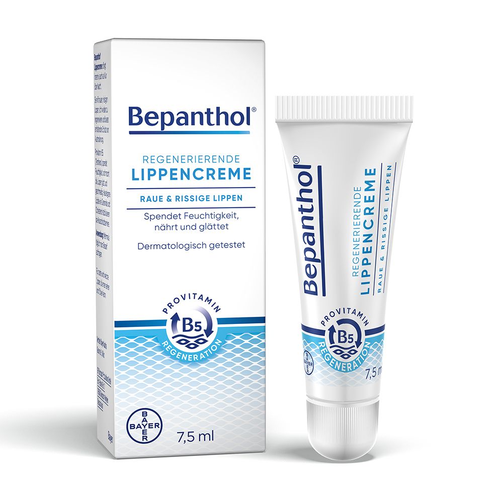 Bepanthol Lippencreme und Verpackung. Tube und Schachtel mit Produktinformationen und Logo.