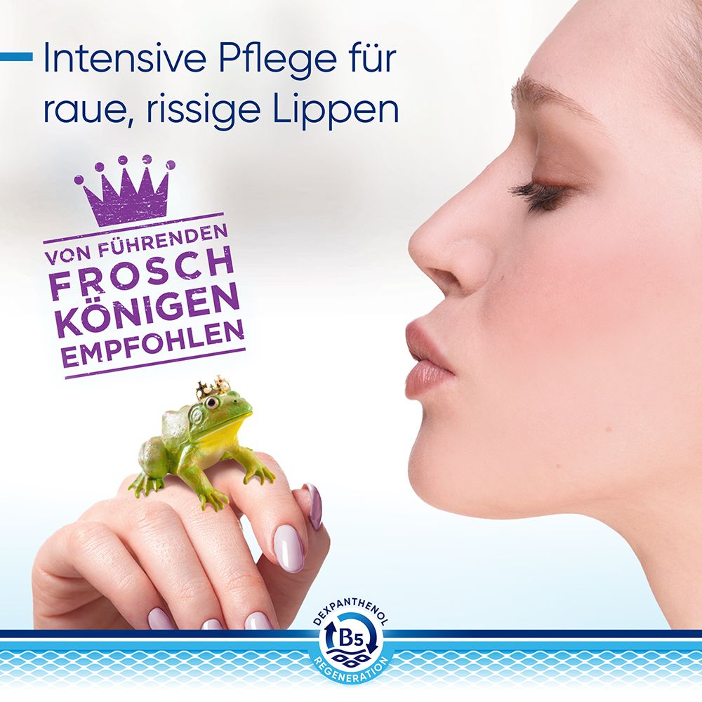Frau mit Lippen. Froschkönig mit Krone auf Finger. Text: Von führenden Froschkönigen empfohlen.