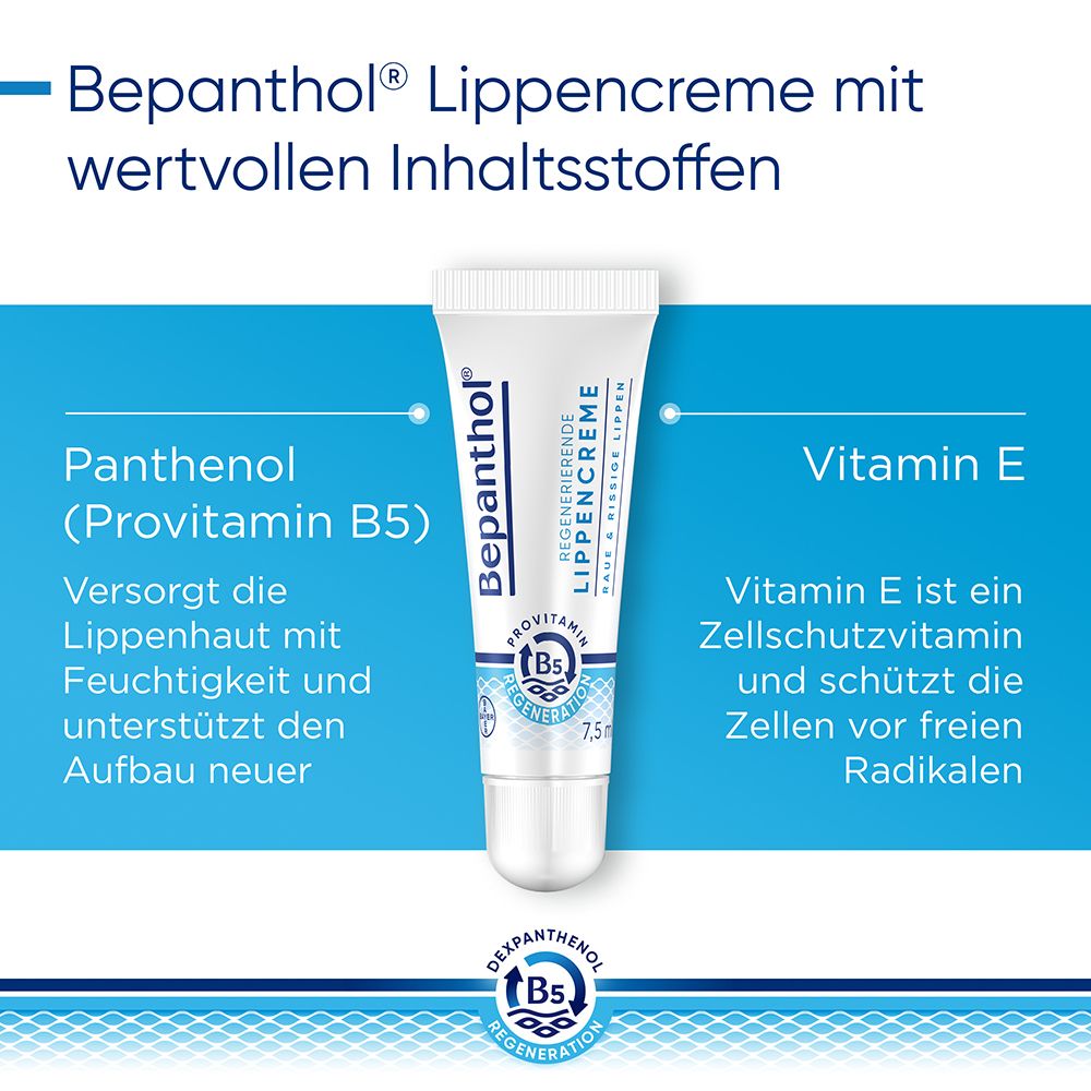 Tube Bepanthol Lippencreme. Text: Panthenol (Provitamin B5), Vitamin E. Produktinformationen.