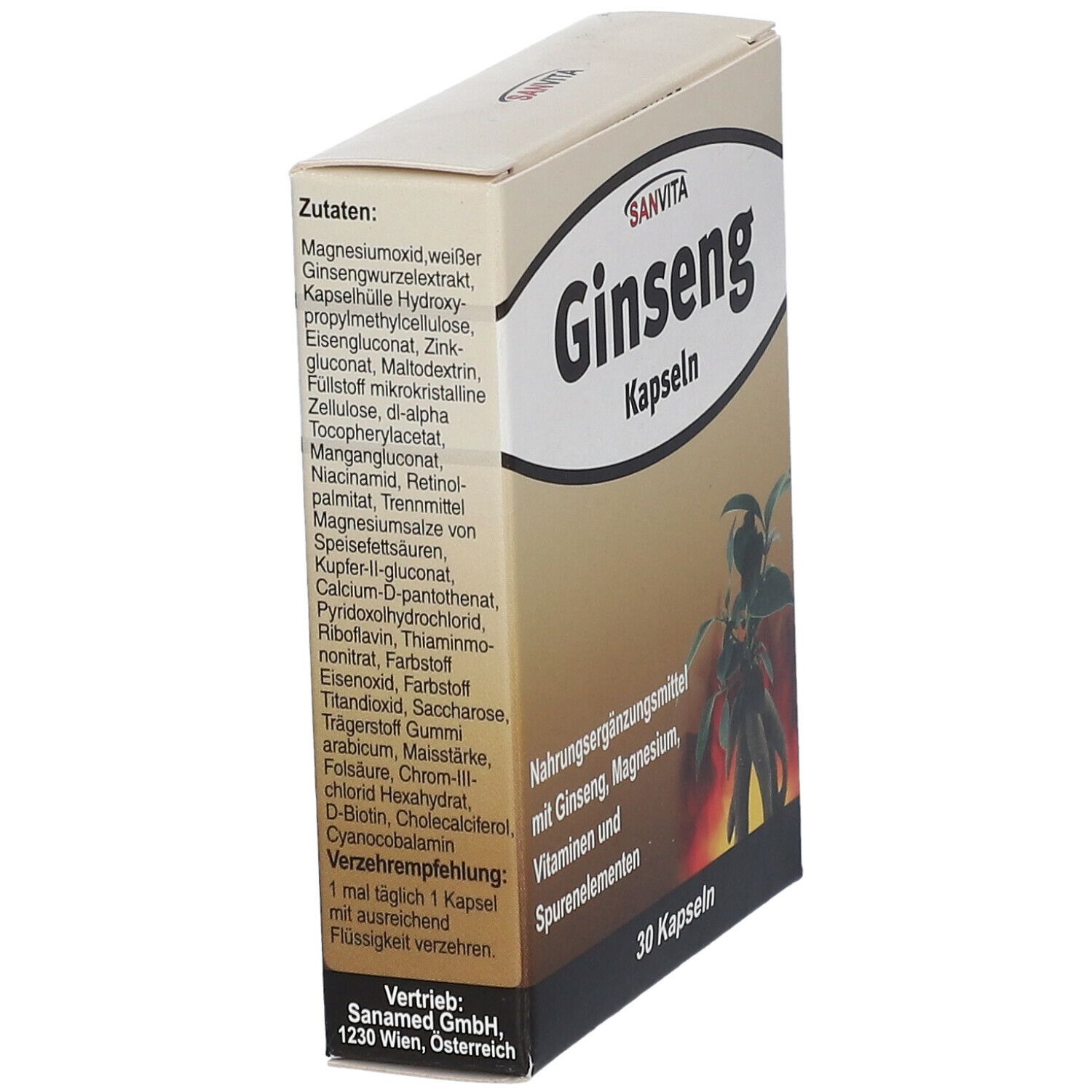SANVITA Ginseng Kapseln-Packung, schräg. Enthält 30 Kapseln. Aufdruck: Nahrungsergänzungsmittel mit Ginseng, Magnesium, Vitaminen und Spurenelementen. Zutatenliste.