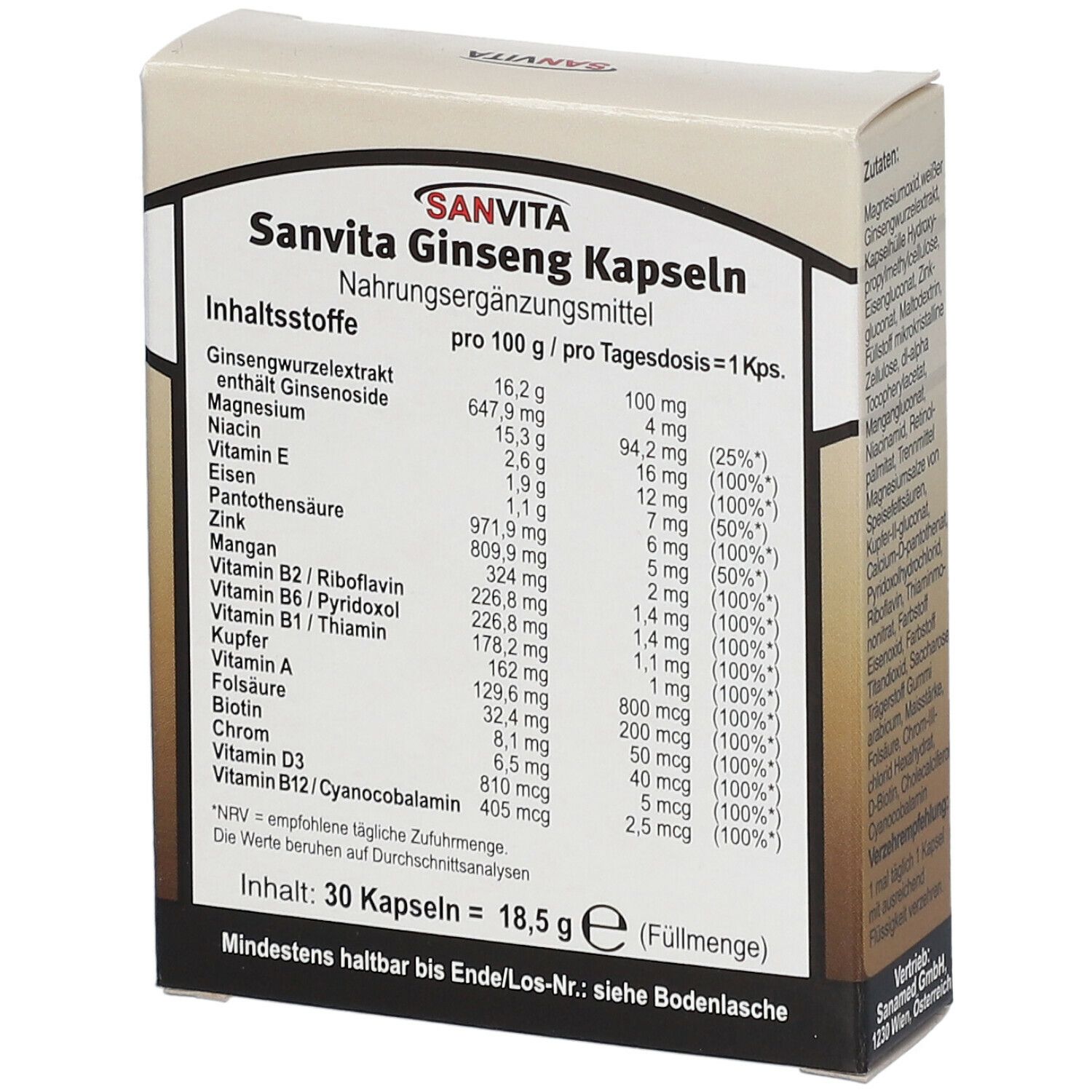 SANVITA Ginseng Kapseln-Packung. Rückseite mit Nährwertangaben pro 100g und pro Tagesdosis. Enthält 30 Kapseln. Inhaltsstoffe.