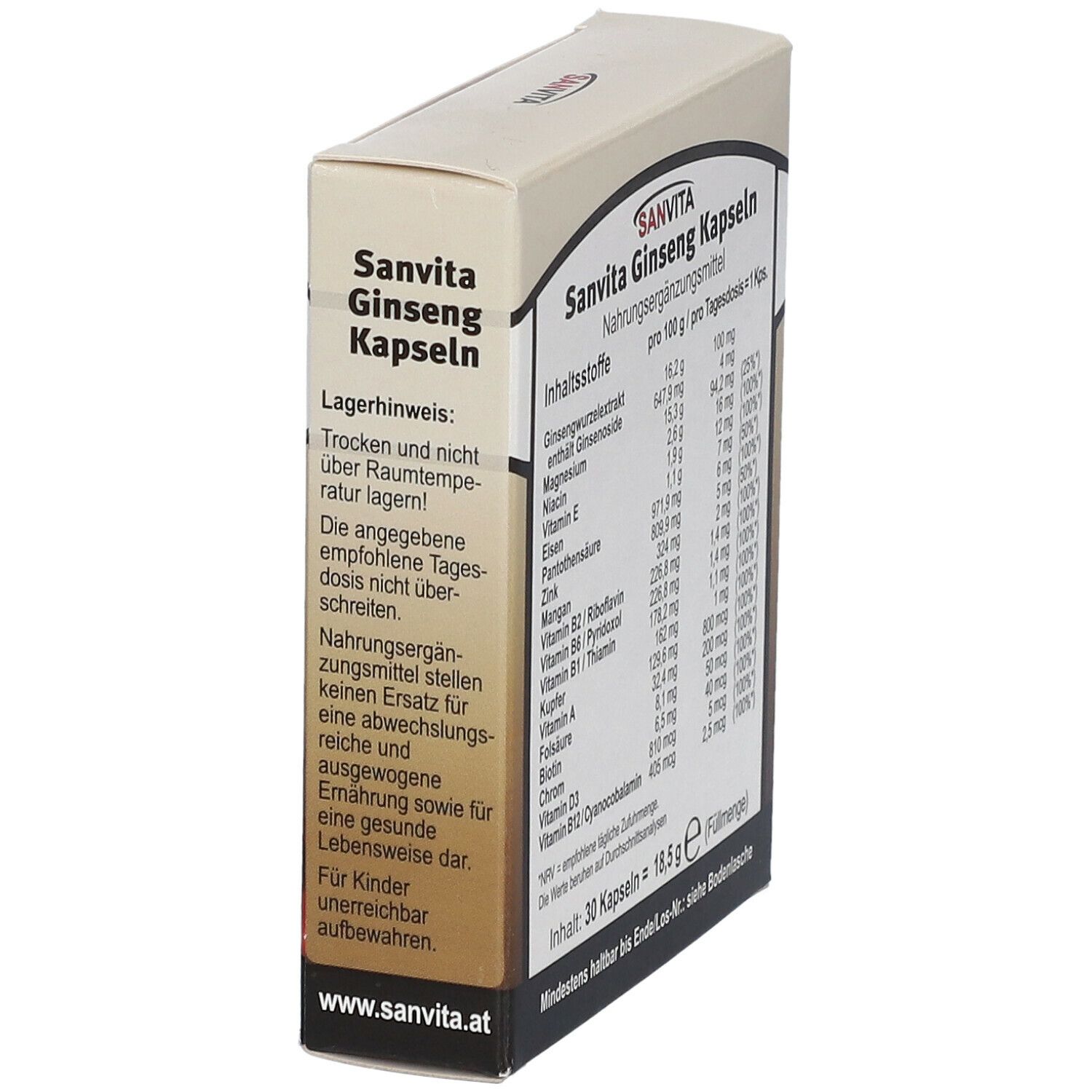 SANVITA Ginseng Kapseln-Packung, schräg. Rückseite mit Lagerhinweis und Nährwertangaben. Enthält 30 Kapseln. Mindesthaltbarkeitsdatum.