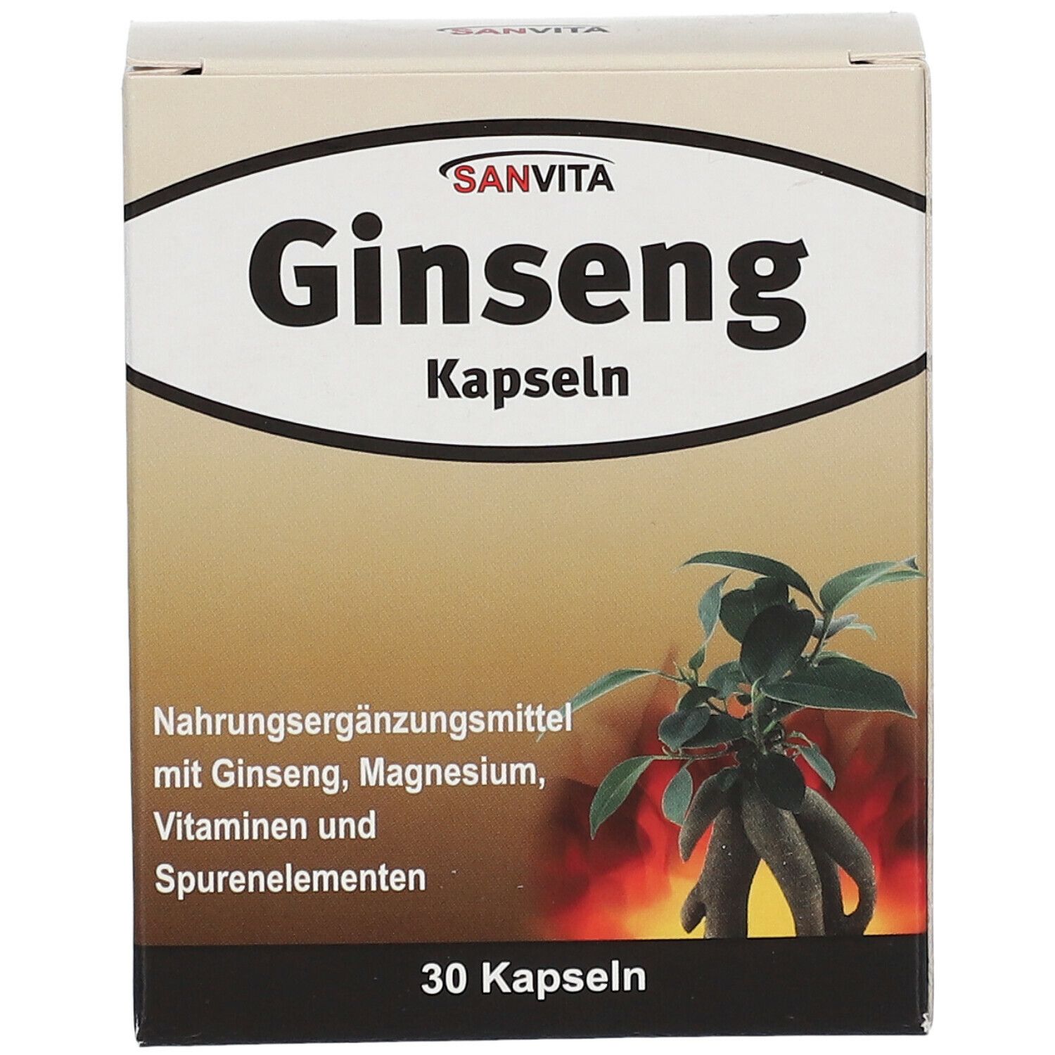 SANVITA Ginseng Kapseln-Packung. Enthält 30 Kapseln. Aufdruck: Nahrungsergänzungsmittel mit Ginseng, Magnesium, Vitaminen und Spurenelementen. Ginseng-Abbildung.