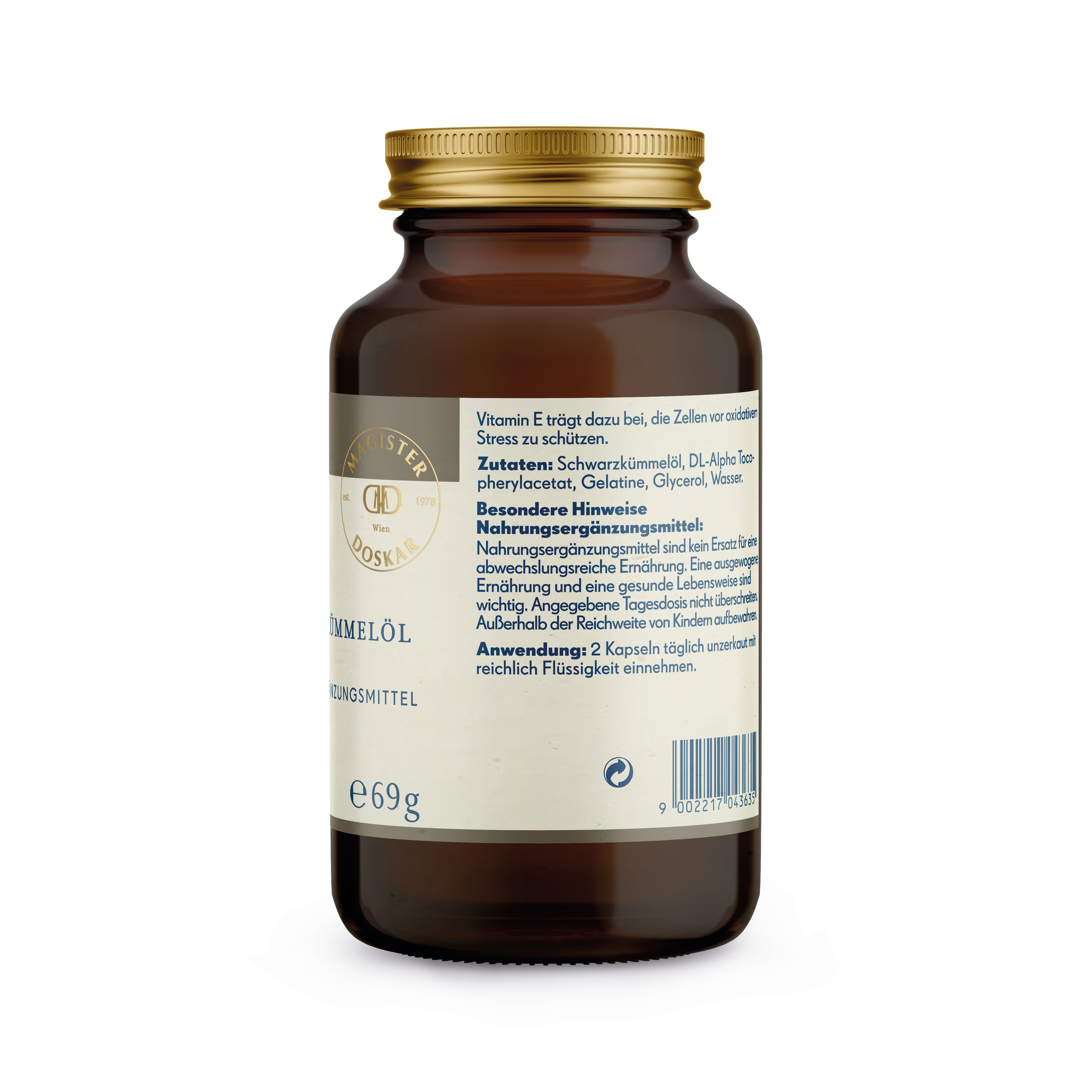 Rückseite der braunen Glasflasche. Etikett mit Inhaltsstoffen und Anwendungshinweisen. Goldener Deckel.