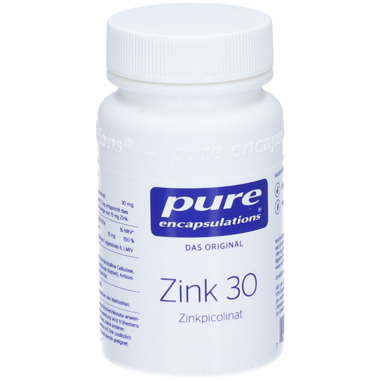 Weiße Flasche mit Schraubverschluss. Aufkleber mit "pure encapsulations", "Zink 30" und weiteren Informationen.
