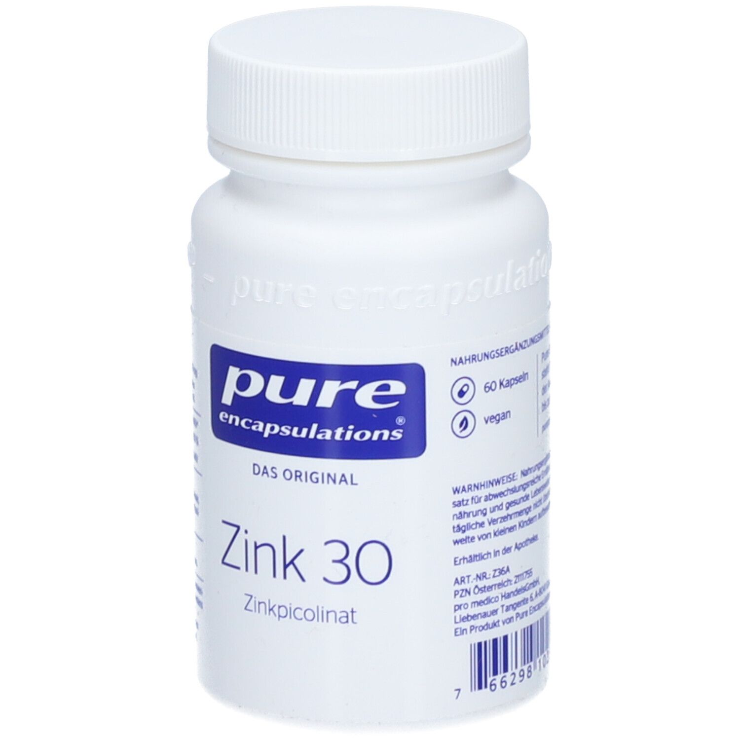 Weiße Flasche mit Schraubverschluss. Aufkleber mit "pure encapsulations", "Zink 30", 60 Kapseln und vegan.