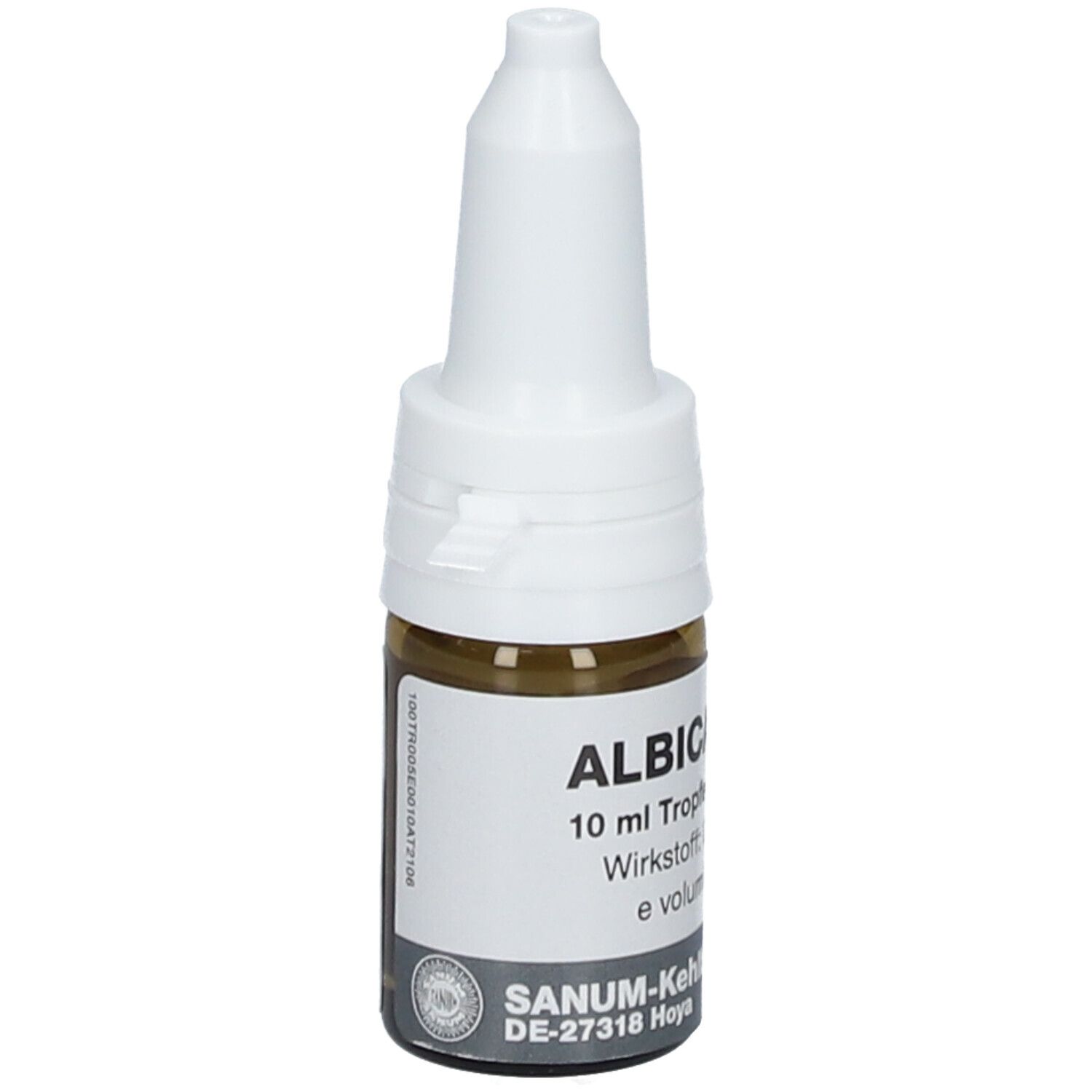 Tropfflasche mit brauner Flüssigkeit und weißem Verschluss. Beschriftung: ALBICANSAN, 10 ml Tropfen, SANUM-Kehlbeck.
