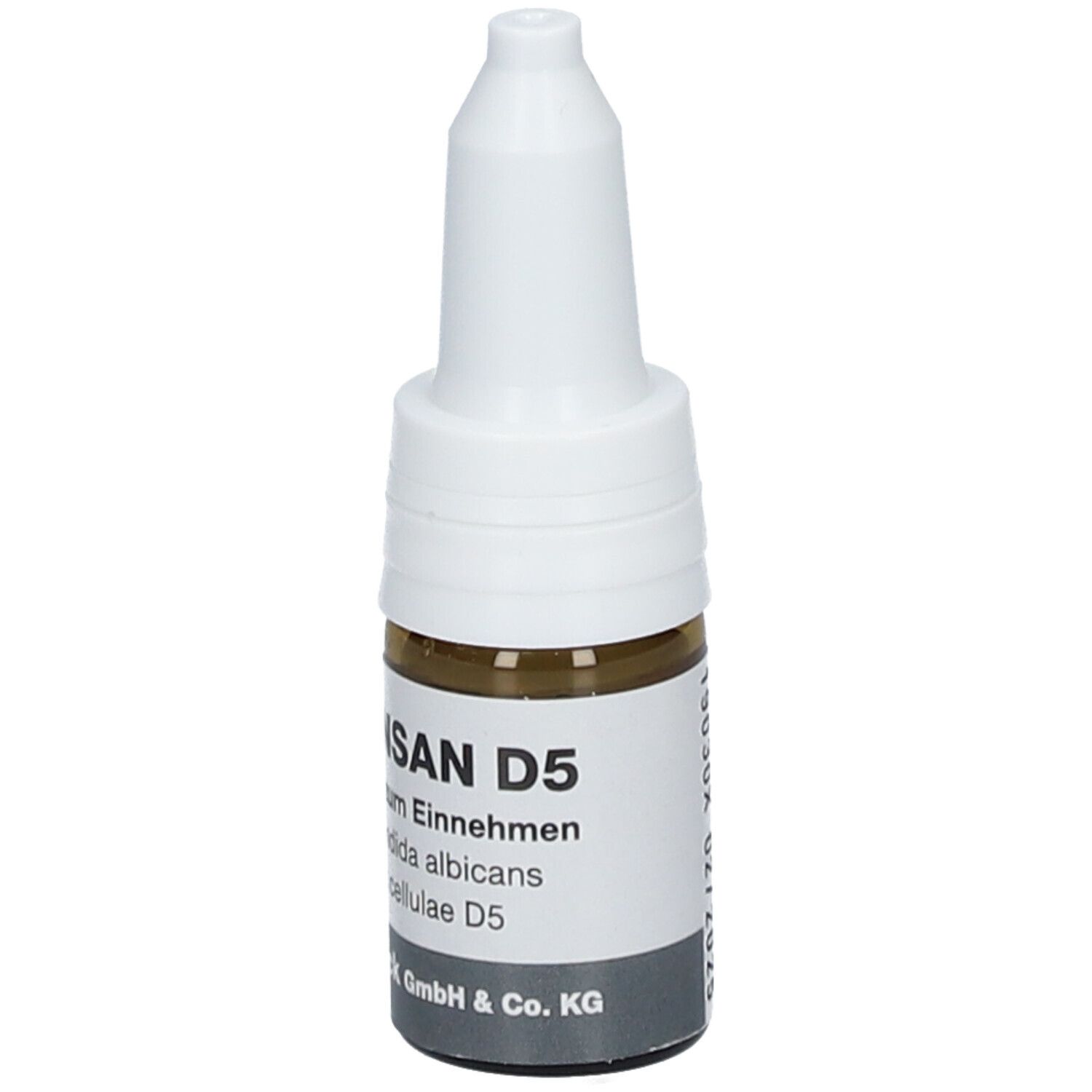 Tropfflasche mit brauner Flüssigkeit und weißem Verschluss. Beschriftung: SANUM-Kehlbeck GmbH & Co. KG, ALBICANSAN D5.