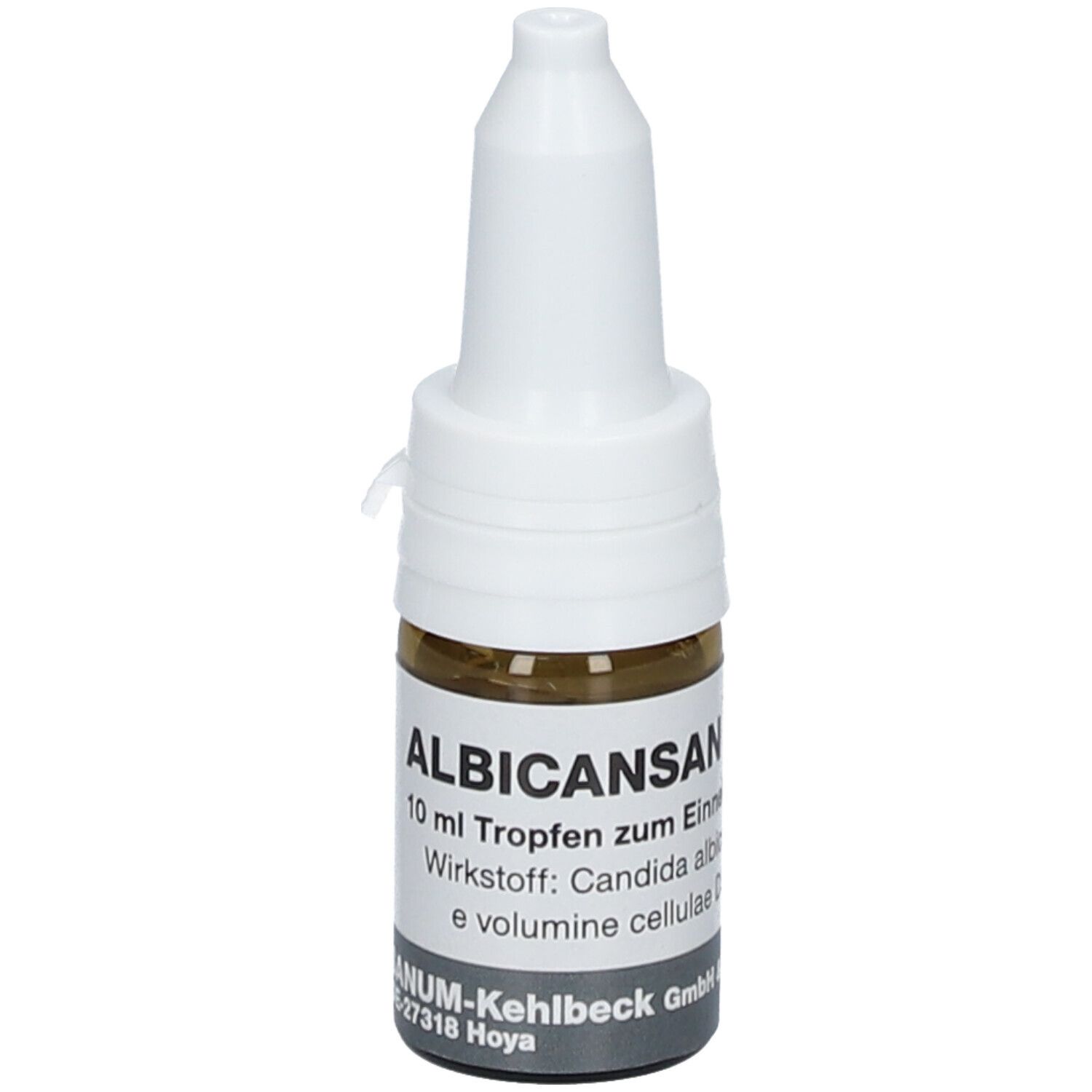 Tropfflasche mit brauner Flüssigkeit und weißem Verschluss. Beschriftung: ALBICANSAN, 10 ml Tropfen, Wirkstoff: Candida albicans.