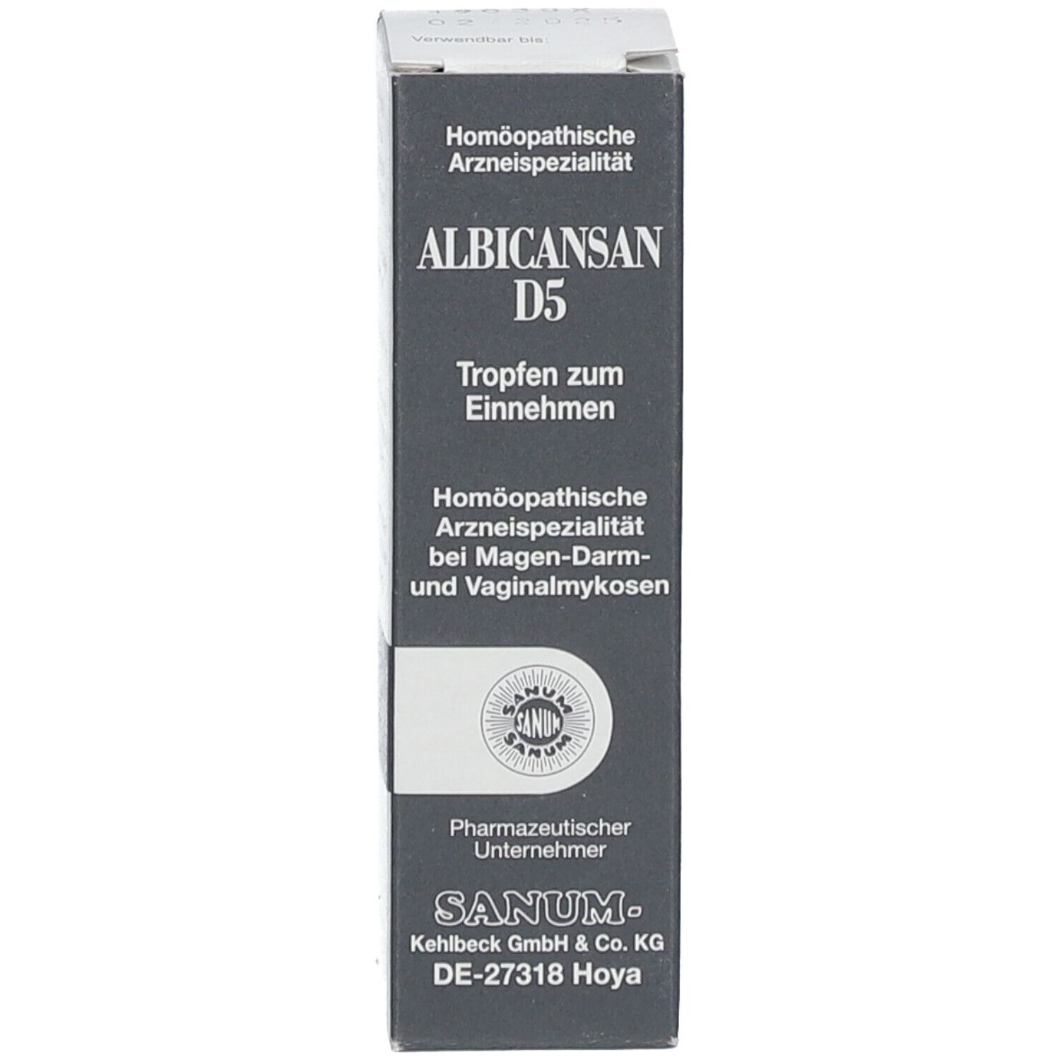 Schachtel mit Beschriftung: ALBICANSAN D5, Tropfen zum Einnehmen, Homöopathische Arzneispezialität, SANUM.