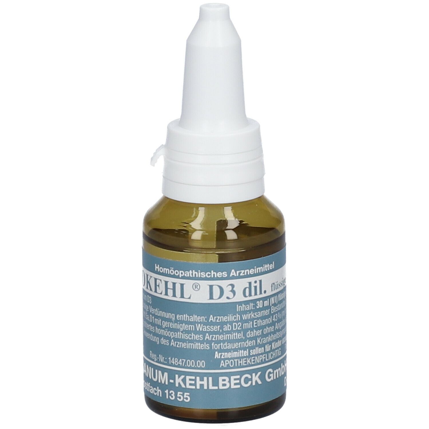 Braune Glasflasche mit weißem Verschluss. Aufschrift: KEHL D3 dil. Homöopathisches Arzneimittel. Etikett mit Informationen.