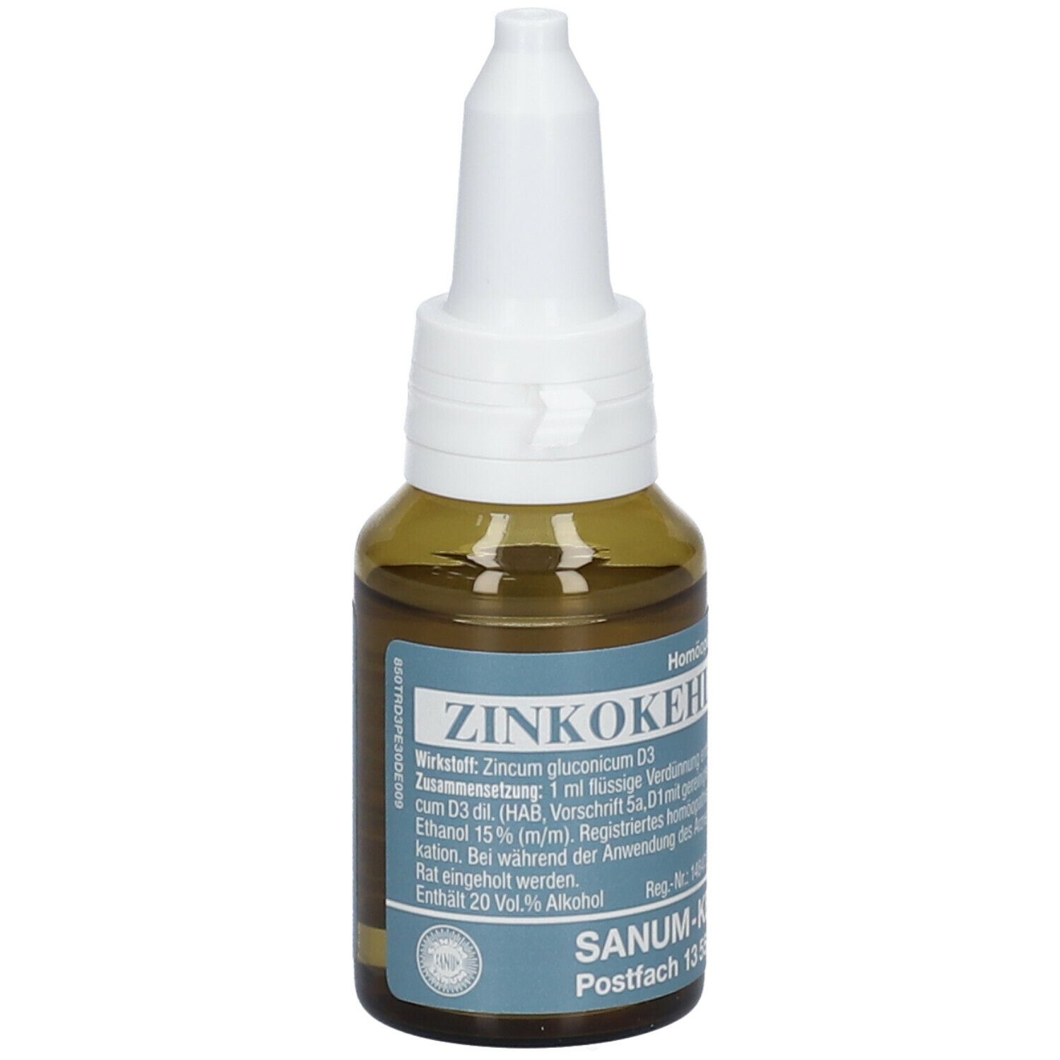 Braune Glasflasche mit weißem Verschluss. Aufschrift: ZINKOKEHL. Etikett mit Produktinformationen und Adresse.