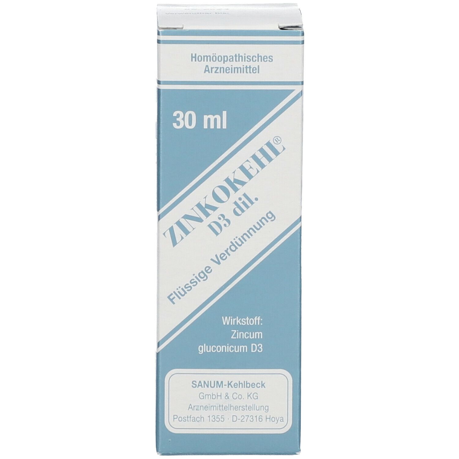 Weiße Schachtel mit blauer Schrift. Aufschrift: ZINKOKEHL D3 dil. Flüssige Verdünnung. 30 ml.