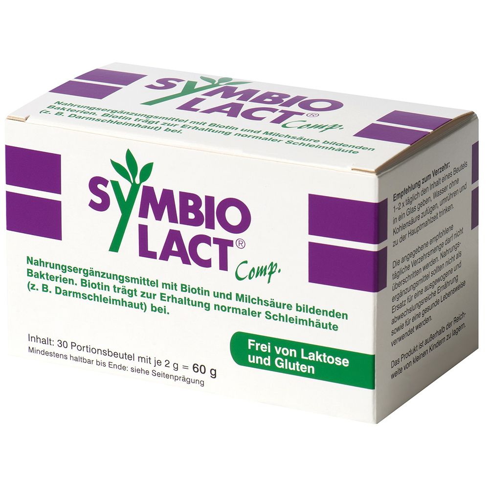 Weißer Karton mit lila Akzenten. Aufschrift: SymbioLact® Comp. Enthält 30 Portionen. Frei von Laktose und Gluten.