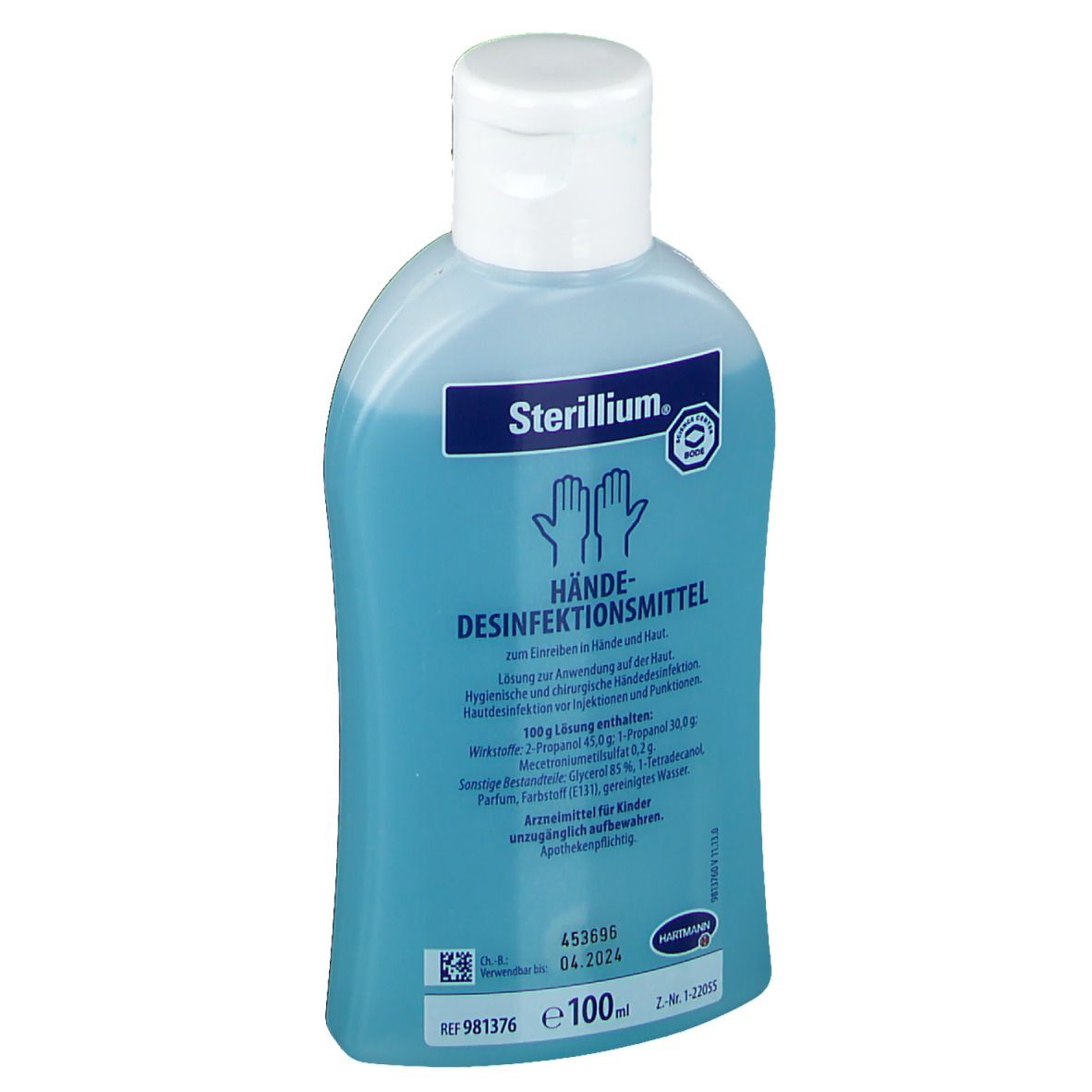 Blau-transparente Flasche mit weißem Klappverschluss. Aufschrift: Sterillium Händedesinfektionsmittel. Logo mit Händen.