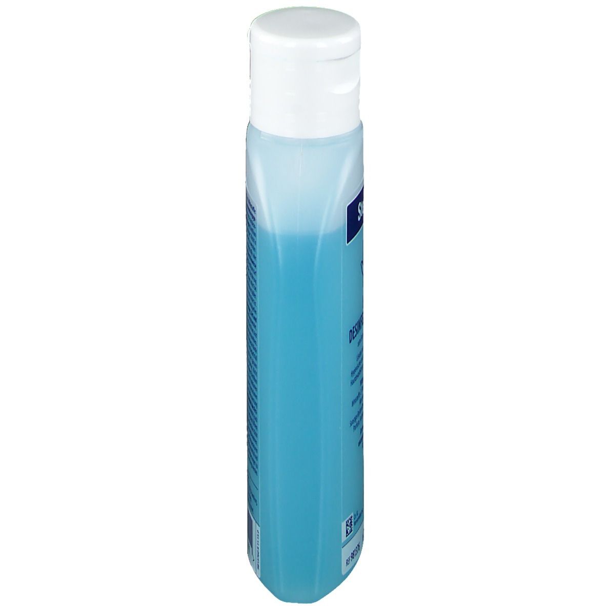 Blaue Flasche mit weißem Deckel. Seitenansicht mit Text. Produktname teilweise sichtbar.