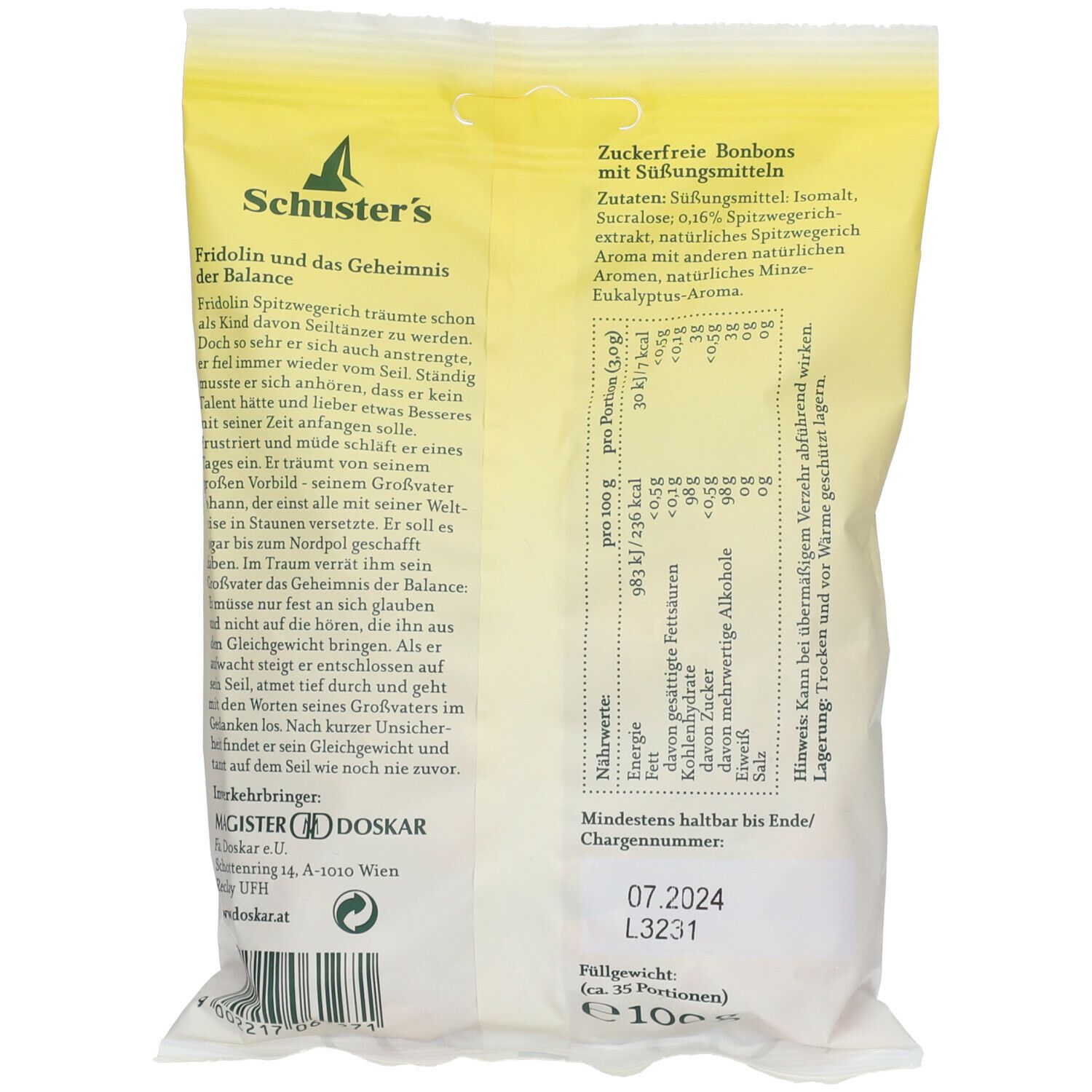 Rückseite der Hustenbonbon-Verpackung. Text: "Schuster's". Angaben zu Inhaltsstoffen und Nährwerten. Mindesthaltbarkeitsdatum: 07.2024.