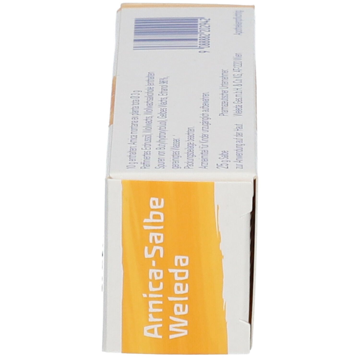 Schachtel, Seitenansicht. Aufschrift: Arnica-Salbe Weleda. Gelber Streifen. Weißer Hintergrund.
