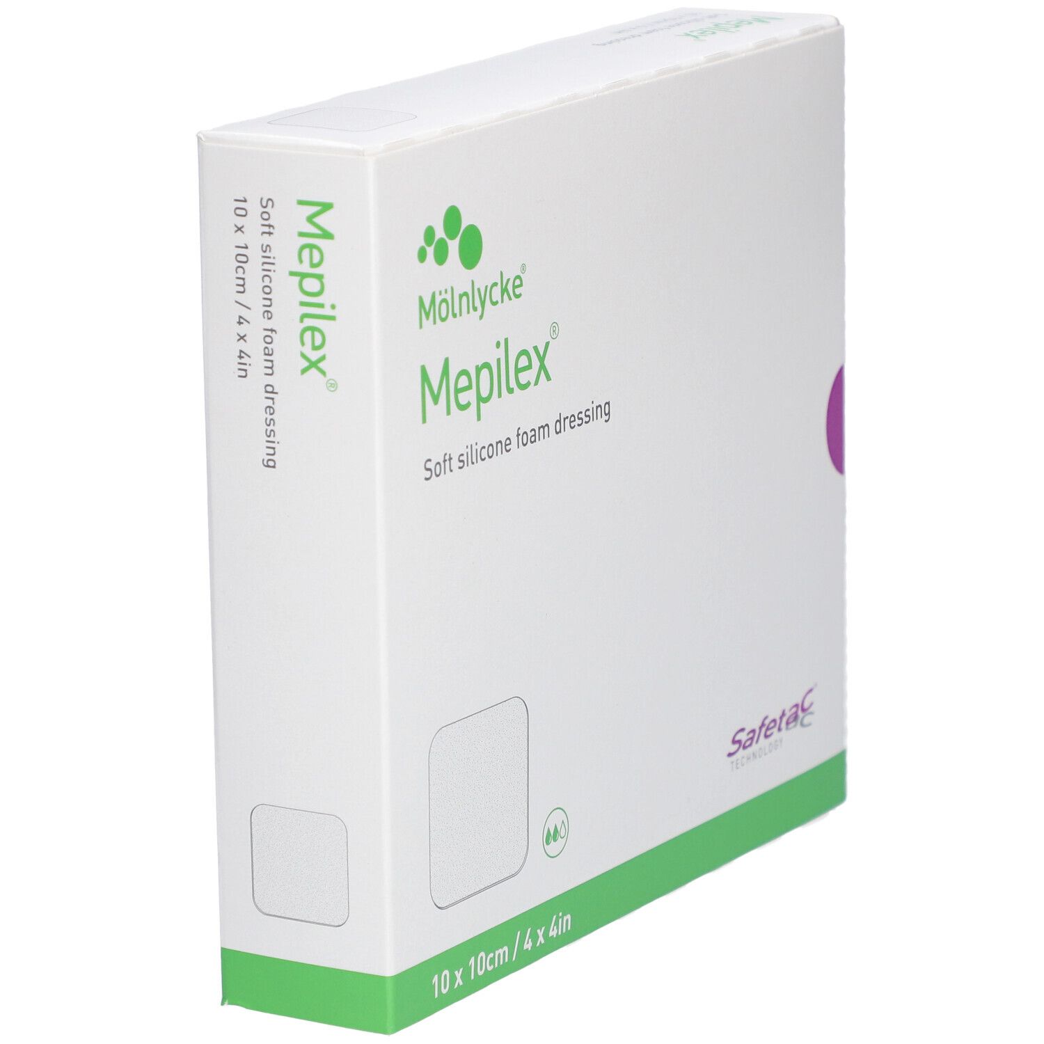 Schrägansicht der Mepilex Border Flex Lite Verpackung. Weichsilikon-Schaumverband, 10x10 cm. Weiß mit grünen Akzenten.