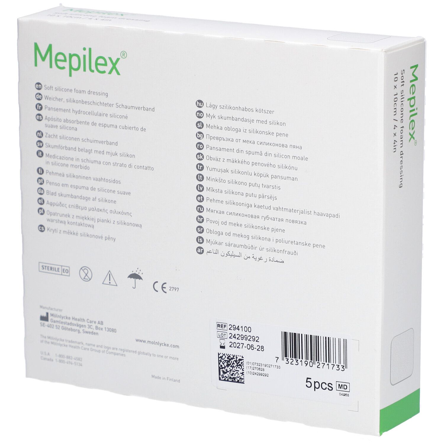 Rückseite der Mepilex Border Flex Lite Verpackung. Mehrsprachige Produktinformationen, 5 Stück. Mit Barcode und Zertifizierungen.