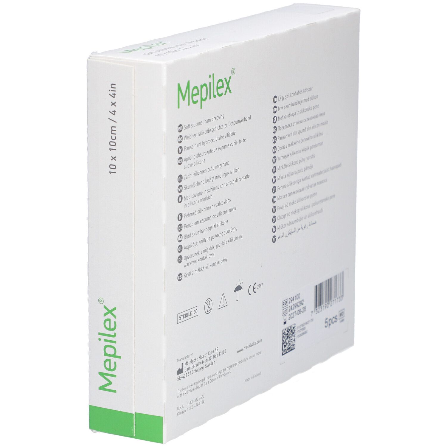 Schrägansicht der Rückseite der Mepilex Border Flex Lite Verpackung. Mehrsprachige Produktinformationen, 5 Stück. Mit Barcode.